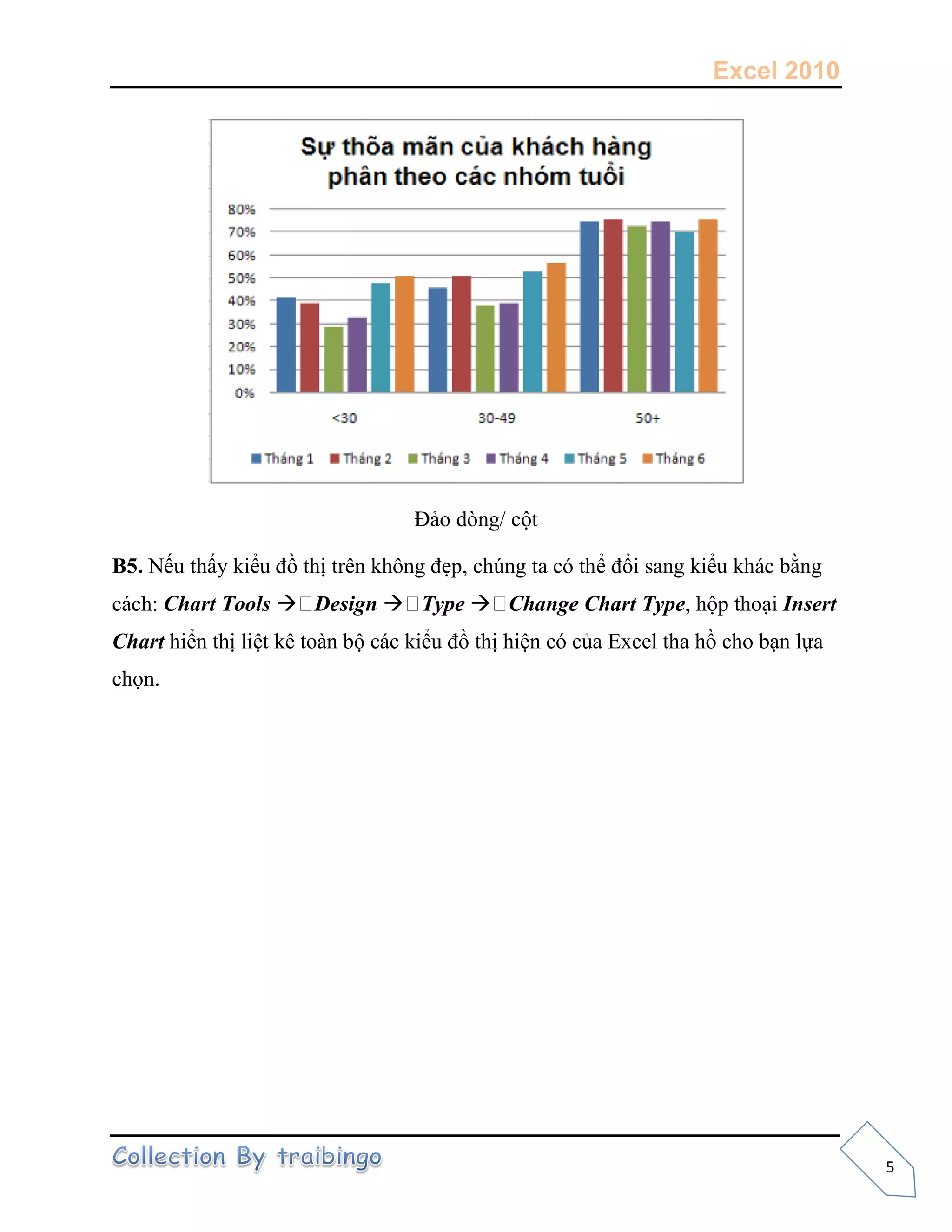 Excel 2010
5
ảo òn ột
B5. Nếu t ấ k ểu t trên k ôn ẹp, n ta ó t ể ổi sang kiểu k ằn
Chart Tools  Design  Type  Change Chart Type, ộp t oạ Insert
Chart ển t l ệt kê to n ộ k ểu t ện ó ủa Ex el t a o ạn lựa
ọn
 