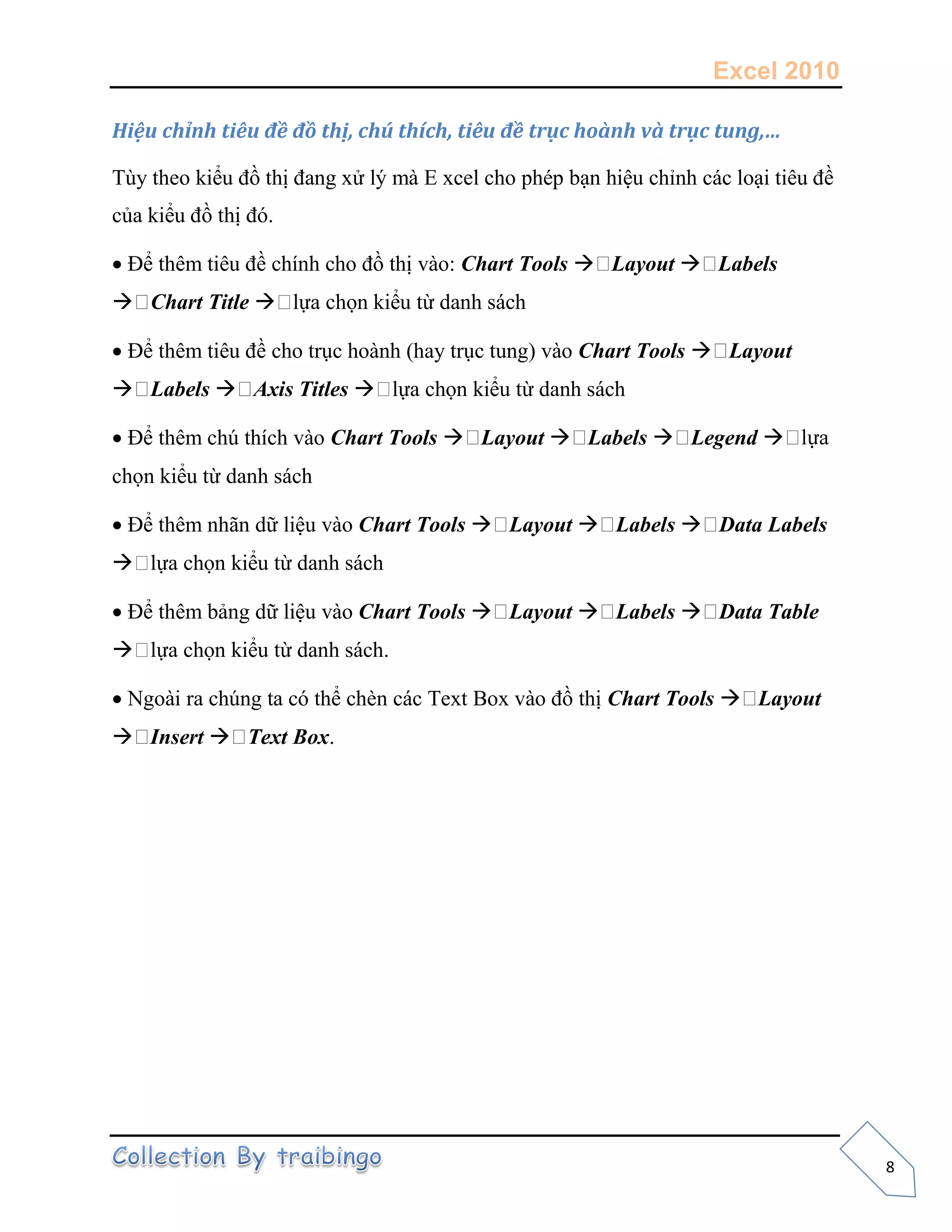 Excel 2010
8
Hiệu ch u ề u ề v u
 Chart Tools  Layout  Labels
 Chart Title 
 Chart Tools  Layout
 Labels  Axis Titles 
 Chart Tools  Layout  Labels  Legend 
 Chart Tools  Layout  Labels  Data Labels

 Chart Tools  Layout  Labels  Data Table

 Chart Tools  Layout
 Insert  Text Box.
 