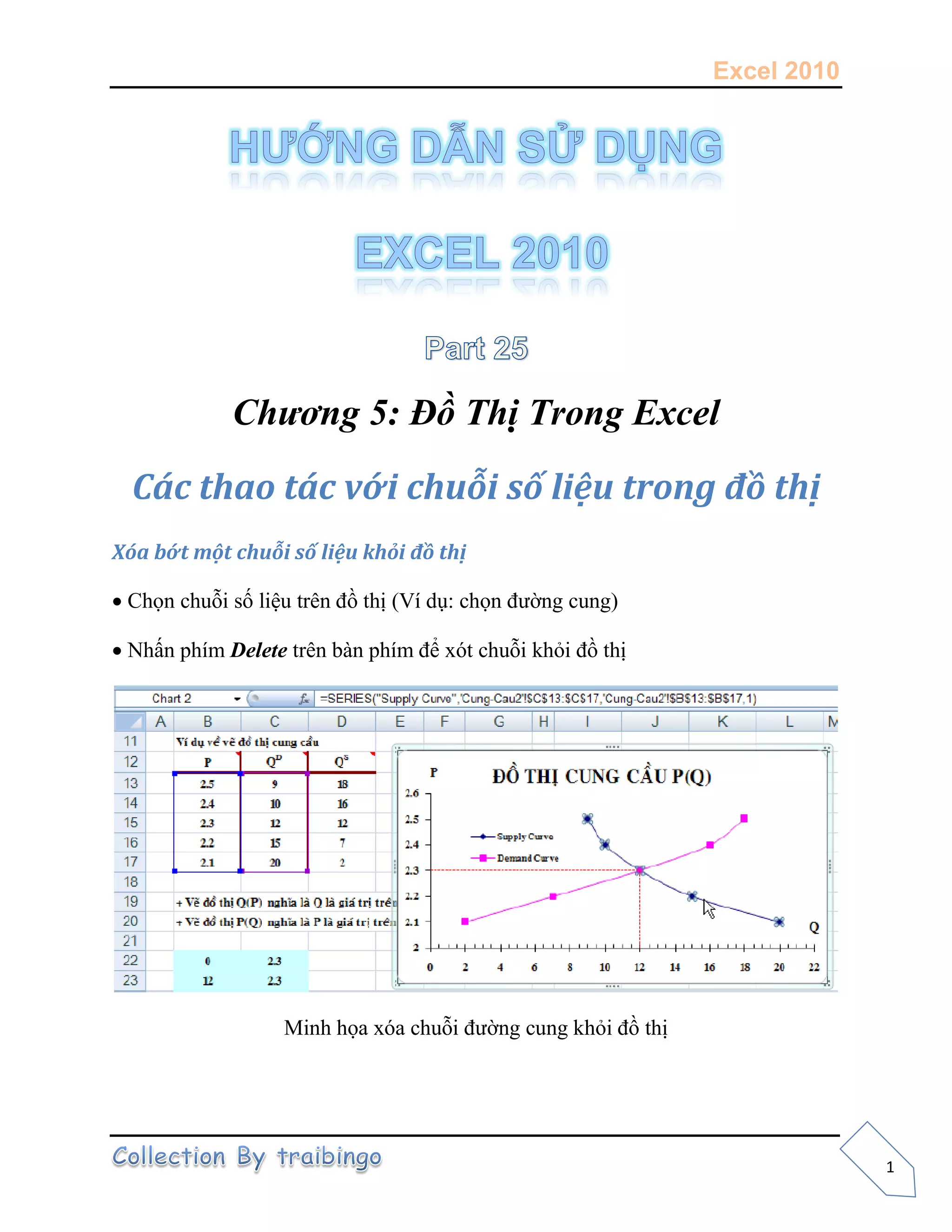 Excel 2010
1
Chương 5: Đồ Thị Trong Excel
Các thao tác với chuỗi số liệu trong đồ thị
a ớt ột chuỗi số liệu khỏi đồ thị

 N ấ p m Delete p m
M a a
 