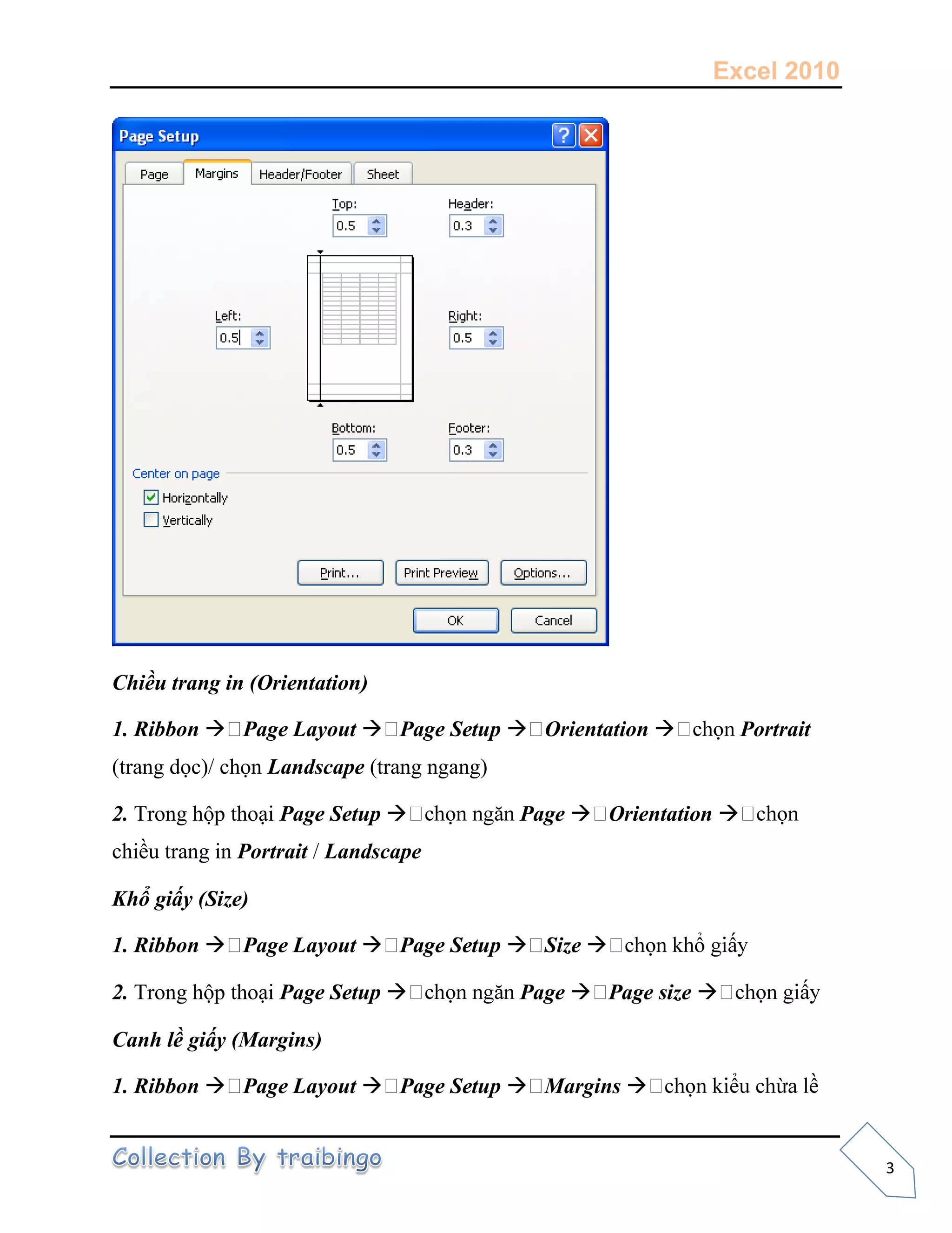 Excel 2010
3
Chiều trang in (Orientation)
1. Ribbon  Page Layout  Page Setup  Orientation  Portrait
(trang dọc)/ chọn Landscape (trang ngang)
2. Trong hộp thoại Page Setup  Page  Orientation 
chiều trang in Portrait / Landscape
Khổ giấy (Size)
1. Ribbon  Page Layout  Page Setup  Size 
2. Trong hộp thoại Page Setup  Page  Page size 
Canh lề giấy (Margins)
1. Ribbon  Page Layout  Page Setup  Margins 
 