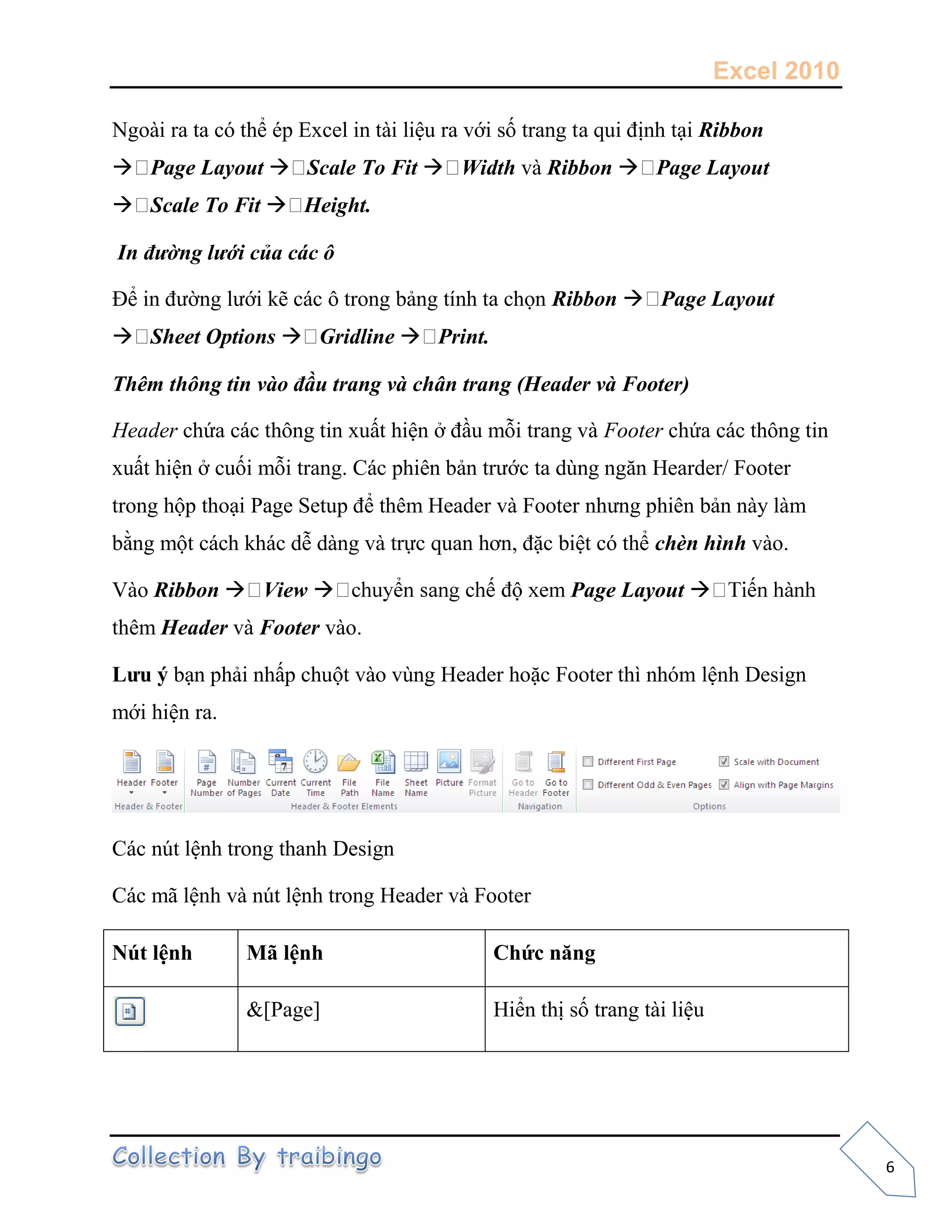 Excel 2010
6
Ngoài ra ta có thể ép Excel in tài liệu ra với số trang ta qui định tại Ribbon
 Page Layout  Scale To Fit  Width và Ribbon  Page Layout
 Scale To Fit  Height.
In đường lưới của các ô
Để in đường lưới kẽ các ô trong bảng tính ta chọn Ribbon  Page Layout
 Sheet Options  Gridline  Print.
Thêm thông tin vào đầu trang và chân trang (Header và Footer)
Header chứa các thông tin xuất hiện ở đầu mỗi trang và Footer chứa các thông tin
xuất hiện ở cuối mỗi trang. Các phiên bản trước ta dùng ngăn Hearder/ Footer
trong hộp thoại Page Setup để thêm Header và Footer nhưng phiên bản này làm
bằng một cách khác dễ dàng và trực quan hơn, đặc biệt có thể chèn hình vào.
Vào Ribbon  View  Page Layout 
thêm Header và Footer vào.
Lưu ý bạn phải nhấp chuột vào vùng Header hoặc Footer thì nhóm lệnh Design
mới hiện ra.
Các nút lệnh trong thanh Design
Các mã lệnh và nút lệnh trong Header và Footer
Nút lệnh Mã lệnh Chức năng
&[Page] Hiển thị số trang tài liệu
 