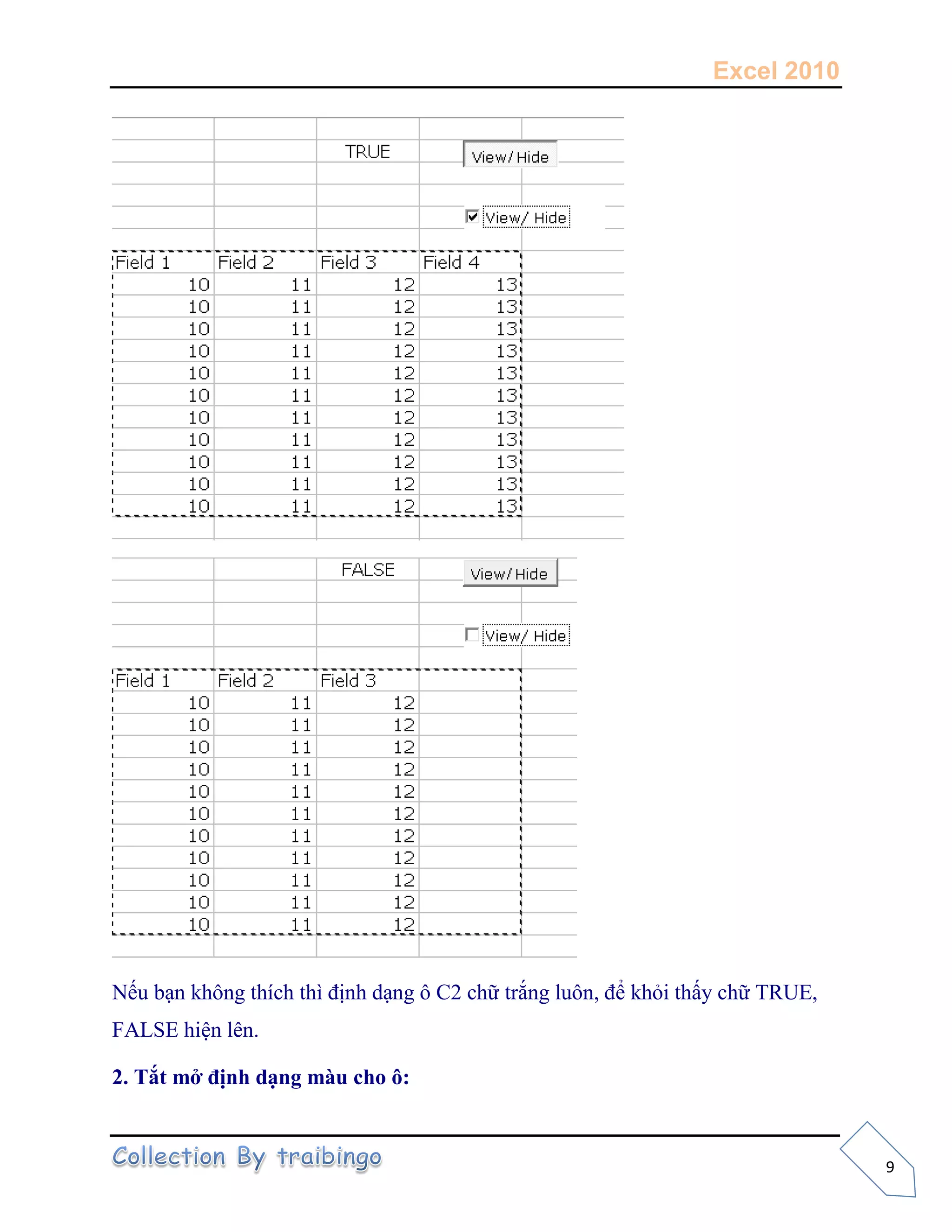 Excel 2010
9
............
Nếu bạn không thích thì định dạng ô C2 chữ trắng luôn, để khỏi thấy chữ TRUE,
FALSE hiện lên.
2. Tắt mở định dạng màu cho ô:
 