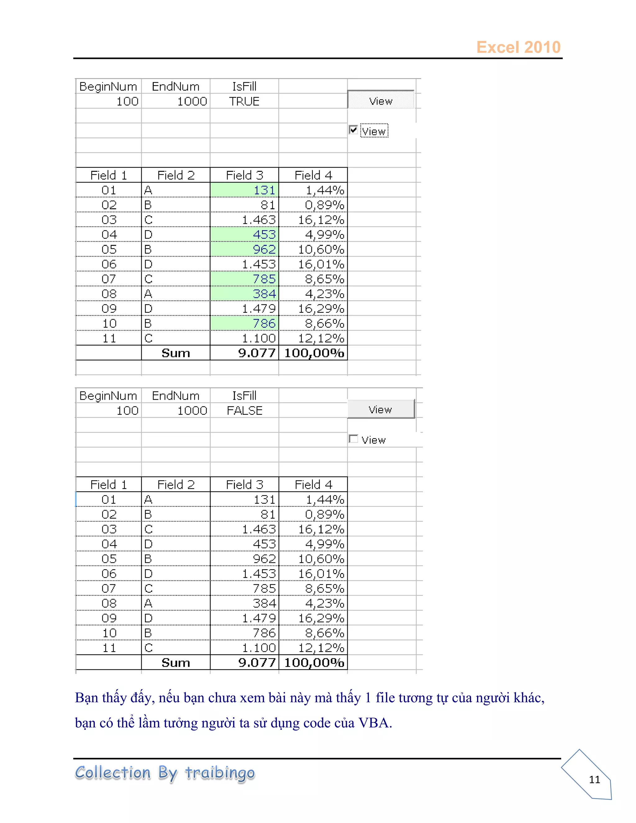 Excel 2010
11
............
Bạn thấy đấy, nếu bạn chưa xem bài này mà thấy 1 file tương tự của người khác,
bạn có thể lầm tưởng người ta sử dụng code của VBA.
 