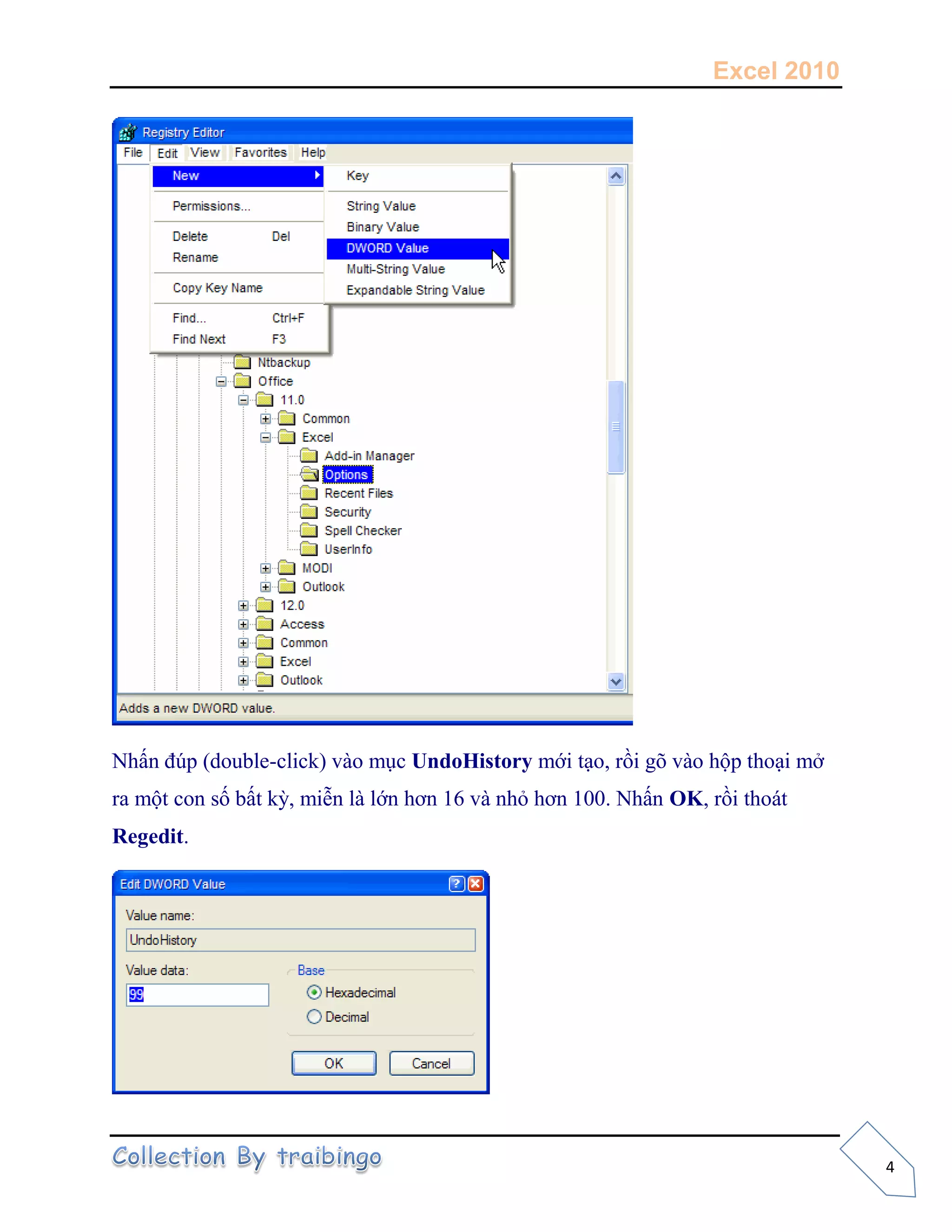 Excel 2010
4
Nhấn đúp (double-click) vào mục UndoHistory mới tạo, rồi gõ vào hộp thoại mở
ra một con số bất kỳ, miễn là lớn hơn 16 và nhỏ hơn 100. Nhấn OK, rồi thoát
Regedit.
 