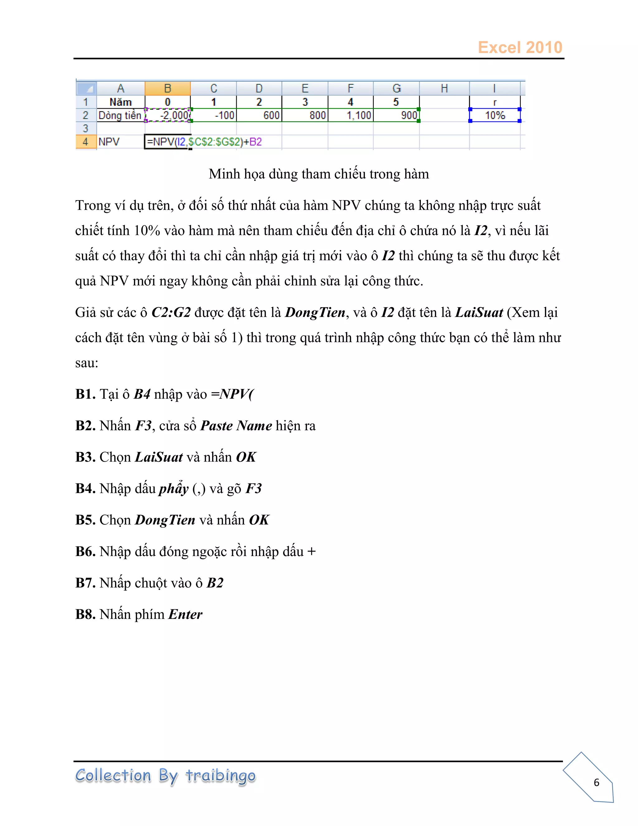 Excel 2010
6
Minh họa dùng tham chiếu trong hàm
Trong ví dụ trên, ở đối số thứ nhất của hàm NPV chúng ta không nhập trực suất
chiết tính 10% vào hàm mà nên tham chiếu đến địa chỉ ô chứa nó là I2, vì nếu lãi
suất có thay đổi thì ta chỉ cần nhập giá trị mới vào ô I2 thì chúng ta sẽ thu được kết
quả NPV mới ngay không cần phải chỉnh sửa lại công thức.
Giả sử các ô C2:G2 được đặt tên là DongTien, và ô I2 đặt tên là LaiSuat (Xem lại
cách đặt tên vùng ở bài số 1) thì trong quá trình nhập công thức bạn có thể làm như
sau:
B1. Tại ô B4 nhập vào =NPV(
B2. Nhấn F3, cửa sổ Paste Name hiện ra
B3. Chọn LaiSuat và nhấn OK
B4. Nhập dấu phẩy (,) và gõ F3
B5. Chọn DongTien và nhấn OK
B6. Nhập dấu đóng ngoặc rồi nhập dấu +
B7. Nhấp chuột vào ô B2
B8. Nhấn phím Enter
 