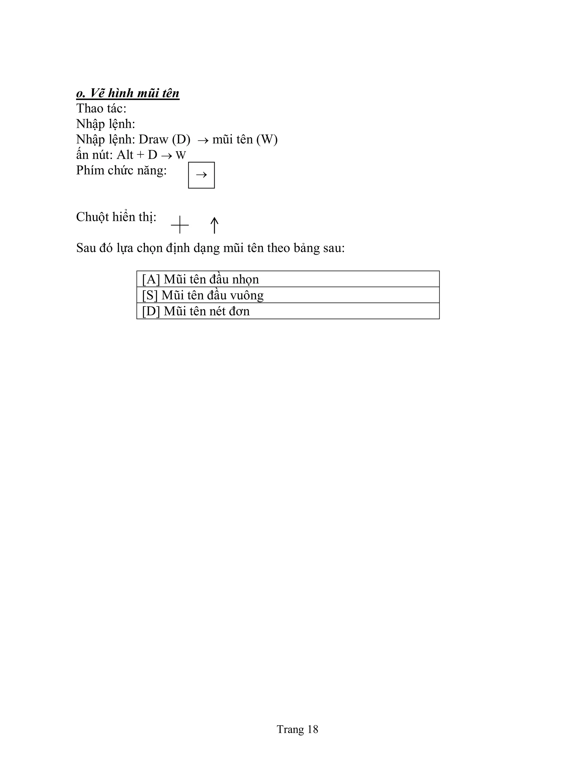 Trang 18
o. Vẽ hình mũi tên
Thao tác:
Nhập lệnh:
Nhập lệnh: Draw (D)  mũi tên (W)
ấn nút: Alt + D  W
Phím chức năng:
Chuột hiển thị:
Sau đó lựa chọn định dạng mũi tên theo bảng sau:
[A] Mũi tên đầu nhọn
[S] Mũi tên đầu vuông
[D] Mũi tên nét đơn

 