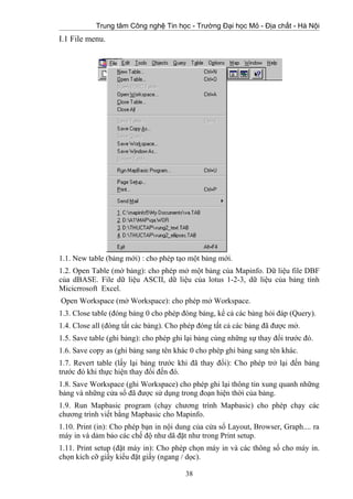 Trung tâm Công nghệ Tin học - Trường Đại học Mỏ - Địa chất - Hà Nội
I.1 File menu.
1.1. New table (bảng mới) : cho phép tạo một bảng mới.
1.2. Open Table (mở bảng): cho phép mở một bảng của Mapinfo. Dữ liệu file DBF
của dBASE. File dữ liệu ASCII, dữ liệu của lotus 1-2-3, dữ liệu của bảng tính
Micicrrosoft Excel.
Open Workspace (mở Workspace): cho phép mở Workspace.
1.3. Close table (đóng bảng 0 cho phép đóng bảng, kể cả các bảng hỏi đáp (Query).
1.4. Close all (đóng tất các bảng). Cho phép đóng tất cả các bảng đã được mở.
1.5. Save table (ghi bảng): cho phép ghi lại bảng cùng những sự thay đổi trước đó.
1.6. Save copy as (ghi bảng sang tên khác 0 cho phép ghi bảng sang tên khác.
1.7. Revert table (lấy lại bảng trước khi đã thay đổi): Cho phép trở lại đến bảng
trước đó khi thực hiện thay đổi đến đó.
1.8. Save Workspace (ghi Workspace) cho phép ghi lại thông tin xung quanh những
bảng và những cửa sổ đã được sử dụng trong đoạn hiện thời của bảng.
1.9. Run Mapbasic program (chạy chương trình Mapbasic) cho phép chạy các
chương trình viết bằng Mapbasic cho Mapinfo.
1.10. Print (in): Cho phép bạn in nội dung của cửa sổ Layout, Browser, Graph.... ra
máy in và dảm bảo các chế độ như dã đặt như trong Print setup.
1.11. Print setup (đặt máy in): Cho phép chọn máy in và các thông số cho máy in.
chọn kích cỡ giấy kiểu đặt giấy (ngang / dọc).
38
 