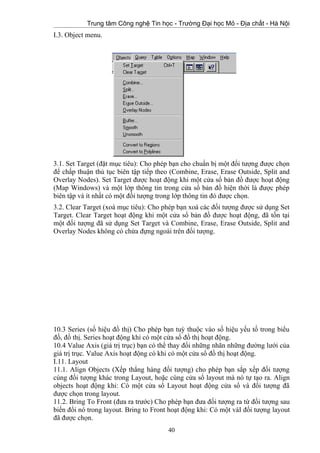 Trung tâm Công nghệ Tin học - Trường Đại học Mỏ - Địa chất - Hà Nội
I.3. Object menu.
3.1. Set Target (đặt mục tiêu): Cho phép bạn cho chuẩn bị một đối tượng được chọn
để chấp thuận thủ tục biên tập tiếp theo (Combine, Erase, Erase Outside, Split and
Overlay Nodes). Set Target được hoạt động khi một cửa sổ bản đồ được hoạt động
(Map Windows) và một lớp thông tin trong cửa sổ bản đồ hiện thời là được phép
biên tập và ít nhất có một đối tượng trong lớp thông tin đó được chọn.
3.2. Clear Target (xoá mục tiêu): Cho phép bạn xoá các đối tượng được sử dụng Set
Target. Clear Target hoạt động khi một cửa sổ bản đồ được hoạt động, đã tồn tại
một đối tượng đã sử dụng Set Target và Combine, Erase, Erase Outside, Split and
Overlay Nodes không có chứa đựng ngoài trên đối tượng.
10.3 Series (số hiệu đồ thị) Cho phép bạn tuỳ thuộc vào số hiệu yếu tố trong biểu
đồ, đồ thị. Series hoạt động khi có một cửa sổ đồ thị hoạt động.
10.4 Value Axis (giá trị trục) bạn có thể thay đổi những nhãn những đường lưới của
giá trị trục. Value Axis hoạt động có khi có một cửa sổ đồ thị hoạt động.
I.11. Layout
11.1. Align Objects (Xếp thẳng hàng đối tượng) cho phép bạn sắp xếp đối tượng
cùng đối tượng khác trong Layout, hoặc cùng cửa sổ layout mà nó tự tạo ra. Align
objects hoạt động khi: Có một cửa sổ Layout hoạt động cửa sổ và đối tượng đã
được chọn trong layout.
11.2. Bring To Front (đưa ra trước) Cho phép bạn đưa đối tượng ra từ đối tượng sau
biến đổi nó trong layout. Bring to Front hoạt động khi: Có một vàI đối tượng layout
đã được chọn.
40
 