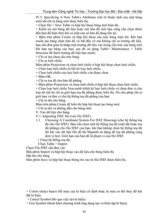 Trung tâm Công nghệ Tin học - Trường Đại học Mỏ - Địa chất - Hà Nội
IV.5. Specifying A New Table,
s Attributes (chỉ rõ thuộc tính của một bảng
mới) để chỉ ra bảng mới được hiển thị.
+ Chọn file > New Table và hộp hội thoại bảng mới hiện thị.
+ Kiểm tra mở bảng dữ liệu hoặc mở bnả đồ mới bạn cũng cần chọn thêm
đến bản đồ hiện thời khi có một cửa sổ bản đồ đang tồn tại.
+ Bấm trên phím Create và hộp hội thoại cấu trúc bảng hiện thị. Khi bạn
muốn tạo bảng chứa bản đồ và bắt đầu vẽ mà không chỉ ra trường dữ liệu,
bạn cần đơn giản là nhập một trường dữ liệu vào trong cấu trúc của bảng mới
khi bạn tạo bảng của bạn, sau đó sử dụng Table> Maintenance > Table
Structure để thêm trường dữ liệu bạn muốn.
+ Chỉ ra lựa chọn cấu trúc bảng.
+ Chỉ ra lưới chiếu.
Bấm phím Projection và chọn lưới chiếu ở hộp hội thoại chọn lưới chiếu.
+ Chọn loại lưới chiếu từ liệt kê loại lưới chiếu.
+ Chọn lưới chiếu của laọi lưới chiếu vừa được chọn.
+ Bấm OK.
+ Chỉ ra toạ độ cho bản đồ phẳng.
+ Bấm phím Projection và chọn lưới chiếu ở hộp hội thoại chọn lưới chiếu.
+ Chọn loại lưới chiếu Non-earth từliệt kê laọi lưới chiếu và chọn đơn vị cho
loại đó liệt kê chỉ ra giới hạn toạ độ phẳng được hiển thị. Nó cho phép chỉ ra
giới hạn và đơn vị cho hệ thống toạ độ phẳng của bạn.
+ Chỉ ra tên cho bảng
Bấm trên phím Create để hiển thị hộp hội thoại tạo bảng mới.
+ Chỉ ra tên và đường dẫn cho bảng mới.
V. Vào dữ liệu cho bảng.
V.1. Importing DXF file (vào file DXF).
1.1. Choosing A Coordinate System For DXF Drawings (cho hệ thống toạ
độ cho file DXF). Bạn cần chọn một hệ thống toạ độ (mặt dất hoặc toạ
độ phẳng) cho file DXF của bạn. khi bạn không chọn hệ thống toạ độ
thì khi vào dữ liệu file đồ thị Mapinfo tự động để toạ độ phẳng cùng
đơn vị feet. Giới hạn của bản đồ là phạm vi của file DXF.
+ Chọn hệ thống toạ độ.
Chọn Table > Import
Chọn File DXF cần đưa vào
Bấn phím Import và hộp hội thoại vào dữ liệu cho bảng hiển thị
Đặt tên cho bảng
bấm phím Save và hộp hội thoại thông tin vào từ file DXF được hiển thị.
+ Colors (màu) bạncó thể màu của kí hiệu cố định hoặc là màu có thể thay đổ khi
đặt kí hiệu.
+ Cancel Symbol (bỏ qua việc tạo kí hiệu).
+ Exit Symbol (thoát khỏi chương trình ứng dụng tạo và biên tập kí hiệu).
45
 