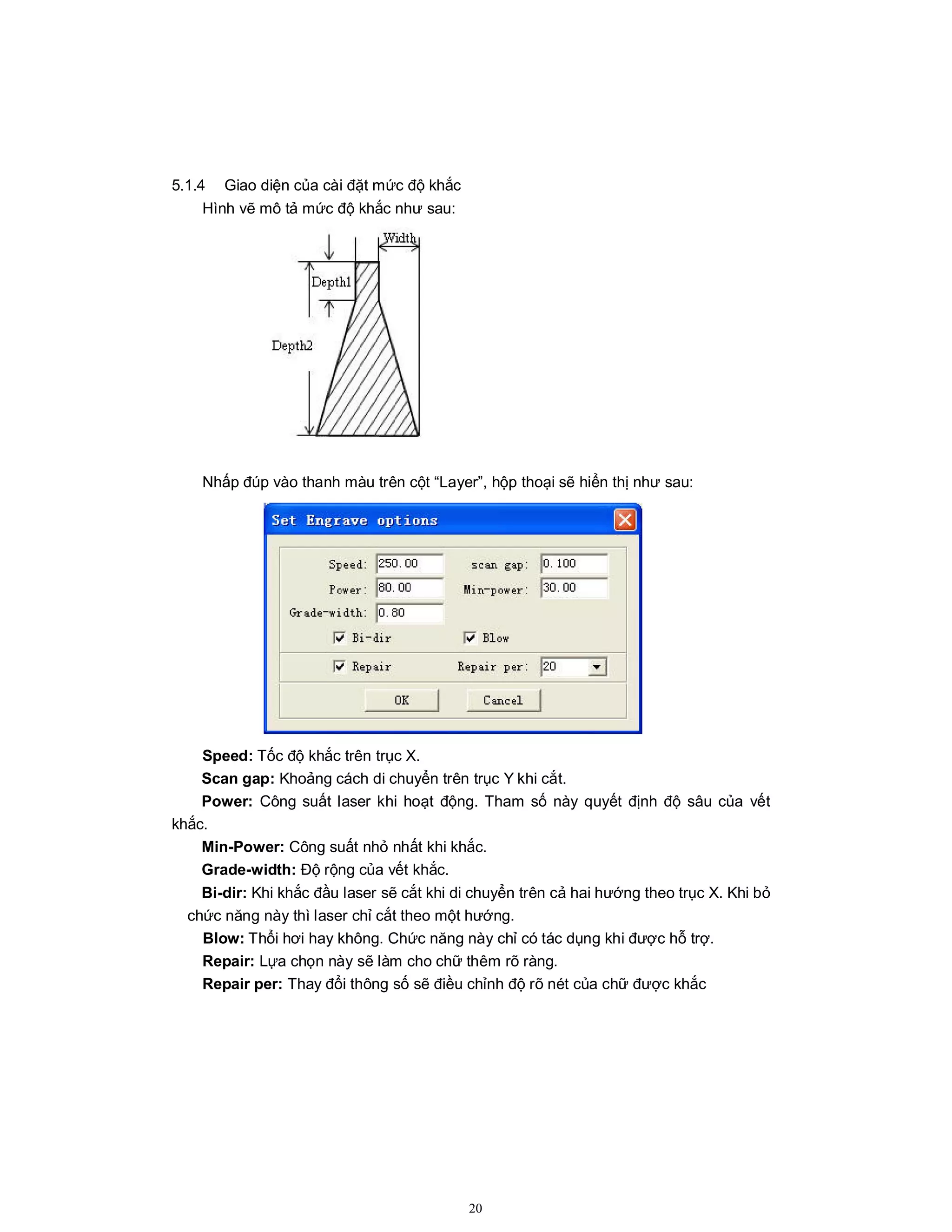20
5.1.4 Giao diện của cài đặt mức độ khắc
Hình vẽ mô tả mức độ khắc như sau:
Nhấp đúp vào thanh màu trên cột “Layer”, hộp thoại sẽ hiển thị như sau:
Speed: Tốc độ khắc trên trục X.
Scan gap: Khoảng cách di chuyển trên trục Y khi cắt.
Power: Công suất laser khi hoạt động. Tham số này quyết định độ sâu của vết
khắc.
Min-Power: Công suất nhỏ nhất khi khắc.
Grade-width: Độ rộng của vết khắc.
Bi-dir: Khi khắc đầu laser sẽ cắt khi di chuyển trên cả hai hướng theo trục X. Khi bỏ
chức năng này thì laser chỉ cắt theo một hướng.
Blow: Thổi hơi hay không. Chức năng này chỉ có tác dụng khi được hỗ trợ.
Repair: Lựa chọn này sẽ làm cho chữ thêm rõ ràng.
Repair per: Thay đổi thông số sẽ điều chỉnh độ rõ nét của chữ được khắc
 