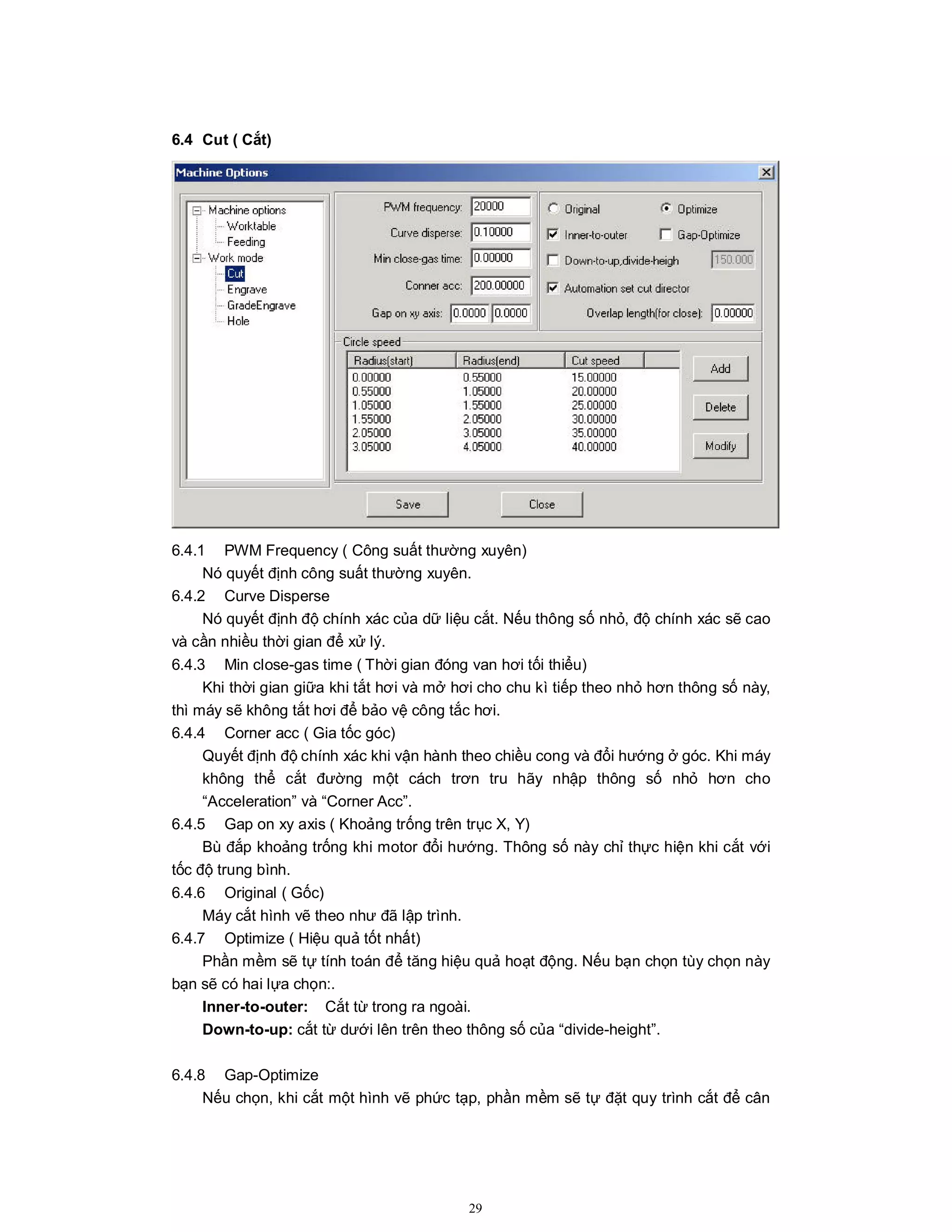 29
6.4 Cut ( Cắt)
6.4.1 PWM Frequency ( Công suất thường xuyên)
Nó quyết định công suất thường xuyên.
6.4.2 Curve Disperse
Nó quyết định độ chính xác của dữ liệu cắt. Nếu thông số nhỏ, độ chính xác sẽ cao
và cần nhiều thời gian để xử lý.
6.4.3 Min close-gas time ( Thời gian đóng van hơi tối thiểu)
Khi thời gian giữa khi tắt hơi và mở hơi cho chu kì tiếp theo nhỏ hơn thông số này,
thì máy sẽ không tắt hơi để bảo vệ công tắc hơi.
6.4.4 Corner acc ( Gia tốc góc)
Quyết định độ chính xác khi vận hành theo chiều cong và đổi hướng ở góc. Khi máy
không thể cắt đường một cách trơn tru hãy nhập thông số nhỏ hơn cho
“Acceleration” và “Corner Acc”.
6.4.5 Gap on xy axis ( Khoảng trống trên trục X, Y)
Bù đắp khoảng trống khi motor đổi hướng. Thông số này chỉ thực hiện khi cắt với
tốc độ trung bình.
6.4.6 Original ( Gốc)
Máy cắt hình vẽ theo như đã lập trình.
6.4.7 Optimize ( Hiệu quả tốt nhất)
Phần mềm sẽ tự tính toán để tăng hiệu quả hoạt động. Nếu bạn chọn tùy chọn này
bạn sẽ có hai lựa chọn:.
Inner-to-outer: Cắt từ trong ra ngoài.
Down-to-up: cắt từ dưới lên trên theo thông số của “divide-height”.
6.4.8 Gap-Optimize
Nếu chọn, khi cắt một hình vẽ phức tạp, phần mềm sẽ tự đặt quy trình cắt để cân
 