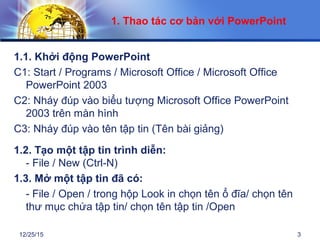 12/25/15 3
1. Thao tác cơ bản với PowerPoint
1.1. Khởi động PowerPoint
C1: Start / Programs / Microsoft Office / Microsoft Office
PowerPoint 2003
C2: Nháy đúp vào biểu tượng Microsoft Office PowerPoint
2003 trên màn hình
C3: Nháy đúp vào tên tập tin (Tên bài giảng)
1.2. Tạo một tập tin trình diễn:
- File / New (Ctrl-N)
1.3. Mở một tập tin đã có:
- File / Open / trong hộp Look in chọn tên ổ đĩa/ chọn tên
thư mục chứa tập tin/ chọn tên tập tin /Open
 