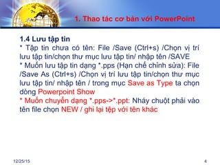 12/25/15 4
1.4 Lưu tập tin
* Tập tin chưa có tên: File /Save (Ctrl+s) /Chọn vị trí
lưu tập tin/chọn thư mục lưu tập tin/ nhập tên /SAVE
* Muốn lưu tập tin dạng *.pps (Hạn chế chỉnh sửa): File
/Save As (Ctrl+s) /Chọn vị trí lưu tập tin/chọn thư mục
lưu tập tin/ nhập tên / trong mục Save as Type ta chọn
dòng Powerpoint Show
* Muốn chuyển dạng *.pps->*.ppt: Nháy chuột phải vào
tên file chọn NEW / ghi lại tệp với tên khác
1. Thao tác cơ bản với PowerPoint
 