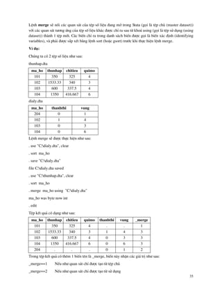 35
LÖnh merge sÏ nèi c¸c quan s¸t cña tÖp sè liÖu ®ang më trong Stata (gäi l tÖp chñ (master dataset))
víi c¸c quan s¸t t−¬ng øng cña tÖp sè liÖu kh¸c ®−îc chØ ra sau tõ kho¸ using (gäi l tÖp sö dông (using
dataset)) th nh 1 tÖp míi. C¸c biÕn chØ ra trong danh s¸ch biÕn ®−îc gäi l biÕn x¸c ®Þnh (identifying
variables), v ph¶i ®−îc s½p xÕt b»ng lÖnh sort (hoÆc gsort) tr−íc khi thùc hiÖn lÖnh merge.
VÝ dô:
Chóng ta cã 2 tÖp sè liÖu nh− sau:
thunhap.dta
ma_ho thunhap chitieu quimo
101 350 325 4
102 1533.33 340 3
103 600 337.5 4
104 1350 416.667 6
dialy.dta
ma_ho thanhthi vung
204 0 1
102 1 4
103 0 3
104 0 6
LÖnh merge sÏ ®−îc thùc hiÖn nh− sau:
. use "C:dialy.dta", clear
. sort ma_ho
. save "C:dialy.dta"
file C:dialy.dta saved
. use "C:thunhap.dta", clear
. sort ma_ho
. merge ma_ho using "C:dialy.dta"
ma_ho was byte now int
. edit
TÖp kÕt qu¶ cã d¹ng nh− sau:
ma_ho thunhap chitieu quimo thanhthi vung _merge
101 350 325 4 . . 1
102 1533.33 340 3 1 4 3
103 600 337.5 4 0 3 3
104 1350 416.667 6 0 6 3
204 . . . 0 1 2
Trong tÖp kÕt qu¶ cã thªm 1 biÕn tªn l _merge, biÕn n y nhËn c¸c gi¸ trÞ nh− sau:
_merge==1 NÕu nh− quan s¸t chØ ®−îc t¹o tõ tÖp chñ
_merge==2 NÕu nh− quan s¸t chØ ®−îc t¹o tõ sö dông
 