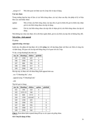 36
_merge==3 NÕu nh− quan s¸t ®−îc t¹o tõ c¶ tÖp chñ v tÖp sö dông
C¸c tuú chän:
Trong tr−êng hîp hai tÖp sè liÖu cã c¸c biÕn trïng nhau, c¸c tuú chän sau ®©y cho phÐp xö lý sè liÖu
theo c¸c c¸ch kh¸c nhau:
update NÕu sè liÖu cña biÕn trïng nhau cña tÖp chñ cã gi¸ trÞ thiÕu th× gi¸ trÞ thiÕu n y nhËn
gi¸ trÞ cña biÕn trïng nhau cña tÖp sö dông.
replace Gi¸ trÞ cña biÕn trïng nhau cña tÖp chñ sÏ nhËn gi¸ trÞ cña biÕn trïng nhau cña tÖp sö
dông.
NÕu kh«ng tuú chän n o ®−îc chØ ra th× theo ngÇm ®Þnh, gi¸ trÞ cña biÕn cña tÖp chñ sÏ kh«ng thay ®æi.
Nèi sè liÖu – lÖnh append
Có ph¸p:
append using <tªn tÖp>
LÖnh n y cho phÐp nèi tÖp ®−îc chØ ra bëi using v o víi tÖp ®ang ®−îc më theo c¸c biÕn cã cïng tªn
v ®Þnh d¹ng. Sè quan s¸t cña tÖp míi b»ng tæng sè sè quan s¸t cña 2 tÖp.
VÝ dô: cã tÖp thunhap2.dta nh− sau
ma_ho thunhap chitieu gioitinh
105 1350 425 1
106 1500 370 0
107 800 556 0
108 1500 417 0
109 2500 540 1
Hai tÖp n y sÏ ®−îc nèi víi nhau b»ng lÖnh append nh− sau:
. use "C:thunhap.dta", clear
. append using "C:thunhap2.dta"
. edit
TÖp kÕt qu¶ cã d¹ng:
ma_ho thunhap chitieu quimo gioitinh
101 350 325 4
102 1533.33 340 3
103 600 337.5 4
104 1350 416.667 6
105 1350 425 1
106 1500 370 0
107 800 556 0
108 1500 417 0
109 2500 540 1
Chó ý: Xem thªm lÖnh expand dung ®Ó t¹o ra c¸c quan s¸t gièng nhau.
4.8. ChuyÓn d¹ng sè liÖu
 