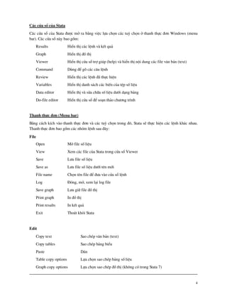 4
C¸c cöa sæ cña Stata
C¸c cöa sæ cña Stata ®−îc më ra b»ng viÖc lùa chän c¸c tuú chän ë thanh thùc ®¬n Windows (menu
bar). C¸c cöa sæ n y bao gåm:
Results HiÓn thÞ c¸c lÖnh v kÕt qu¶
Graph HiÓn thÞ ®å thÞ
Viewer HiÓn thÞ cöa sæ trî gióp (help) v hiÓn thÞ néi dung c¸c file v¨n b¶n (text)
Command Dïng ®Ó gâ c¸c c©u lÖnh
Review HiÓn thÞ c¸c lÖnh ® thùc hiÖn
Variables HiÓn thÞ danh s¸ch c¸c biÕn cña tÖp sè liÖu
Data editor HiÓn thÞ v söa ch÷a sè liÖu d−íi d¹ng b¶ng
Do-file editor HiÓn thÞ cöa sæ ®Ó so¹n th¶o ch−¬ng tr×nh
Thanh thùc ®¬n (Menu bar)
B»ng c¸ch kÝch v o thanh thùc ®¬n v c¸c tuú chän trong ®ã, Stata sÏ thùc hiÖn c¸c lÖnh kh¸c nhau.
Thanh thùc ®¬n bao gåm c¸c nhãm lÖnh sau ®©y:
File
Open Më file sè liÖu
View Xem c¸c file cña Stata trong cöa sæ Viewer
Save L−u file sè liÖu
Save as L−u file sè liÖu d−íi tªn míi
File name Chän tªn file ®Ó ®−a v o cöa sæ lÖnh
Log §ãng, më, xem l¹i log file
Save graph L−u gi÷ file ®å thÞ
Print graph In ®å thÞ
Print results In kÕt qu¶
Exit Tho¸t khái Stata
Edit
Copy text Sao chÐp v¨n b¶n (text)
Copy tables Sao chÐp b¶ng biÓu
Paste D¸n
Table copy options Lùa chän sao chÐp b¶ng sè liÖu
Graph copy options Lùa chän sao chÐp ®å thÞ (kh«ng cã trong Stata 7)
 