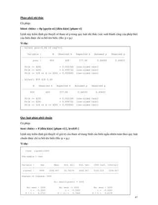 47
Ph©n phèi nhÞ thøc
Có ph¸p:
bitest <biÕn> = #p [quyÒn sè] [®iÒu kiÖn] [ph¹m vi]
LÖnh n y kiÓm ®Þnh gi¶ thuyÕt vÒ tham sè p trong quy luËt nhÞ thøc (x¸c suÊt th nh c«ng cña phÐp thö)
cña biÕn ®−îc chØ ra bëi tªn biÕn. (Ho: p = p0)
VÝ dô:
. bitest poor=0.44 if reg7==1
Variable | N Observed k Expected k Assumed p Observed p
-------------+------------------------------------------------------------
poor | 859 428 377.96 0.44000 0.49825
Pr(k >= 428) = 0.000344 (one-sided test)
Pr(k <= 428) = 0.999732 (one-sided test)
Pr(k <= 328 or k >= 428) = 0.000660 (two-sided test)
. bitesti 859 428 0.44
N Observed k Expected k Assumed p Observed p
------------------------------------------------------------
859 428 377.96 0.44000 0.49825
Pr(k >= 428) = 0.000344 (one-sided test)
Pr(k <= 428) = 0.999732 (one-sided test)
Pr(k <= 328 or k >= 428) = 0.000660 (two-sided test)
Quy luËt ph©n phèi chuÈn
Có ph¸p:
ttest <biÕn> = # [®iÒu kiÖn] [ph¹m vi] [, level(#) ]
LÖnh n y kiÓm ®Þnh gi¶ thuyÕt vÒ gi¸ trÞ cña tham sè trung b×nh cña biÕn ngÉu nhiªn tu©n theo quy luËt
chuÈn ®−îc chØ ra bëi tªn biÕn (Ho: µ = µ0)
VÝ dô:
. ttest rlpcex1=3200
One-sample t test
------------------------------------------------------------------------------
Variable | Obs Mean Std. Err. Std. Dev. [95% Conf. Interval]
---------+--------------------------------------------------------------------
rlpcex1 | 5999 3188.667 34.76379 2692.567 3120.518 3256.817
------------------------------------------------------------------------------
Degrees of freedom: 5998
Ho: mean(rlpcex1) = 3200
Ha: mean < 3200 Ha: mean ~= 3200 Ha: mean > 3200
t = -0.3260 t = -0.3260 t = -0.3260
P < t = 0.3722 P > |t| = 0.7444 P > t = 0.6278
 