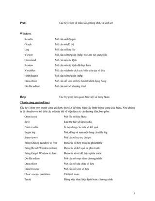 5
Prefs C¸c tuú chän vÒ m u s¾c, ph«ng ch÷, v kÝch cì
Windows
Results Më cöa sæ kÕt qu¶
Graph Më cöa sæ ®å thÞ
Log Më cöa sæ log file
Viewer Më cöa sæ trî gióp (help) v xem néi dung file
Command Më cöa sæ c©u lÖnh
Review Më cöa sæ c¸c lÖnh ® thùc hiÖn
Variables Më cöa sæ danh s¸ch c¸c biÕn cña tÖp sè liÖu
Help/Search Më cöa sæ trî gióp (help)
Data editor Më cöa ®Ó xem sè liÖu l−u tr÷ d−íi d¹ng b¶ng
Do-file editor Më cöa sæ viÕt ch−¬ng tr×nh
Help C¸c trî gióp liªn quan ®Õn viÖc sö dông Stata
Thanh c«ng cô (tool bar)
C¸c tuú chän trªn thanh c«ng cô ®−îc thiÕt kÕ ®Ó thùc hiÖn c¸c lÖnh th«ng dông cña Stata. NÕu chóng
ta di chuyÓn con trá ®Õn c¸c nót n y th× sÏ hiÖn lªn c¸c c©u huíng dÉn, bao gåm:
Open (use) Më file sè liÖu Stata
Save L−u tr÷ file sè liÖu ra ®Üa
Print results In néi dung cña cöa sæ kÕt qu¶
Begin log Më, ®ãng v xem néi dung cña file log
Start viewer Më cöa sæ trî trî (help)
Bring Dialog Window to font §−a cöa sæ hép tho¹i ra phÝa tr−íc
Bring Result Window to font §−a cöa sæ kÕt qu¶ ra phÝa tr−íc
Bring Graph Window to font §−a cöa sæ vÏ ®å thÞ ra phÝa tr−íc
Do-file editor Më cöa sæ so¹n th¶o ch−¬ng tr×nh
Data editor Më cöa sæ söa ch÷a sè liÖu
Data browser Më cöa sæ xem sè liÖu
Clear –more- condition T¾t lÖnh more
Break Dõng viÖc thùc hiÖn lÖnh hoÆc ch−¬ng tr×nh
 
