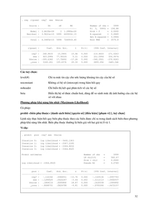 52
. reg rlpcex1 reg7 sex hhsize
Source | SS df MS Number of obs = 5999
-------------+------------------------------ F( 3, 5995) = 194.88
Model | 3.8639e+09 3 1.2880e+09 Prob > F = 0.0000
Residual | 3.9621e+10 5995 6609032.15 R-squared = 0.0889
-------------+------------------------------ Adj R-squared = 0.0884
Total | 4.3485e+10 5998 7249918.40 Root MSE = 2570.8
------------------------------------------------------------------------------
rlpcex1 | Coef. Std. Err. t P>|t| [95% Conf. Interval]
-------------+----------------------------------------------------------------
reg7 | 240.9633 15.5905 15.46 0.000 210.4003 271.5263
sex | 403.2984 77.38324 5.21 0.000 251.5994 554.9974
hhsize | -305.6382 17.70692 -17.26 0.000 -340.3501 -270.9263
_cons | 3160.201 155.6576 20.30 0.000 2855.056 3465.346
------------------------------------------------------------------------------
C¸c tuú chän:
level(#) ChØ ra møc tin cËy cho −íc l−îng kho¶ng tin cËy cña hÖ sè
noconstant Kh«ng cã hÖ sè (intercept) trong h m håi quy
noheader ChØ hiÓn thÞ kÕt qu¶ ph©n tÝch vÒ c¸c hÖ sè
beta HiÓn thÞ hÖ sè ®−îc chuÈn ho¸, dïng ®Ó so s¸nh møc ®é ¶nh h−ëng cña c¸c hÖ
sè víi nhau
Ph−¬ng ph¸p kh¶ n¨ng lín nhÊt (Maximum-Likelihood)
Có ph¸p:
probit <biÕn phô thuéc> [danh s¸ch biÕn] [quyÒn sè] [®iÒu kiÖn] [ph¹m vi] [, tuú chän]
LÖnh n y thùc hiÖn håi quy biÕn phô thuéc theo c¸c biÕn ®−îc chØ ra trong danh s¸ch biÕn theo ph−¬ng
ph¸p kh¶ n¨ng lín nhÊt. BiÕn phô thuéc th−êng l biÕn gi¶ víi hai gi¸ trÞ 0 v 1.
VÝ dô:
. probit poor reg7 sex hhsize
Iteration 0: log likelihood = -3645.1363
Iteration 1: log likelihood = -3367.2185
Iteration 2: log likelihood = -3364.8032
Iteration 3: log likelihood = -3364.8025
Probit estimates Number of obs = 5999
LR chi2(3) = 560.67
Prob > chi2 = 0.0000
Log likelihood = -3364.8025 Pseudo R2 = 0.0769
------------------------------------------------------------------------------
poor | Coef. Std. Err. z P>|z| [95% Conf. Interval]
-------------+----------------------------------------------------------------
reg7 | -.116342 .0084551 -13.76 0.000 -.1329136 -.0997703
sex | -.1284525 .0422247 -3.04 0.002 -.2112113 -.0456937
hhsize | .1808115 .0095806 18.87 0.000 .1620338 .1995892
_cons | -.8088731 .0824798 -9.81 0.000 -.9705306 -.6472157
------------------------------------------------------------------------------
 