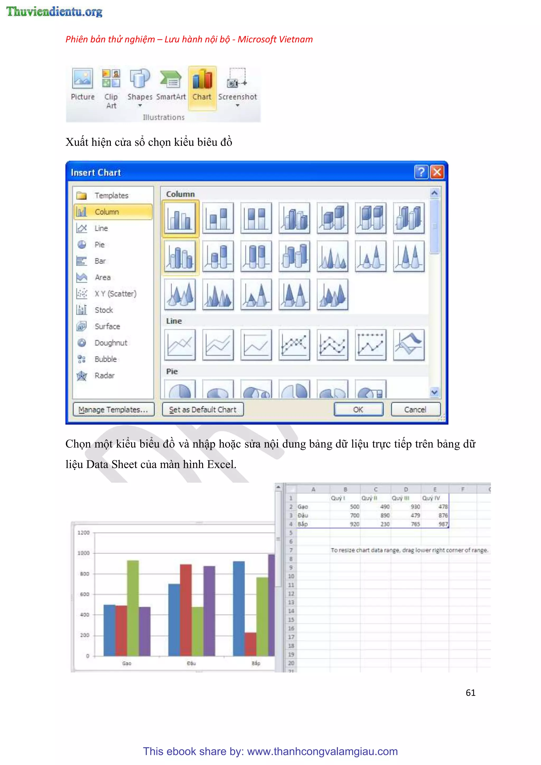 Phiên bản thử nghiệm – Lưu hành nội bộ - Microsoft Vietnam
61
Xuất hi n c a sổ chọn kiểu bi u đồ
Chọn một kiểu biểu đồ và nhập hoặc s a nội dung bảng dữ li u trực tiếp trên bảng dữ
li u Data Sheet của màn hình Excel.
This ebook share by: www.thanhcongvalamgiau.com
 