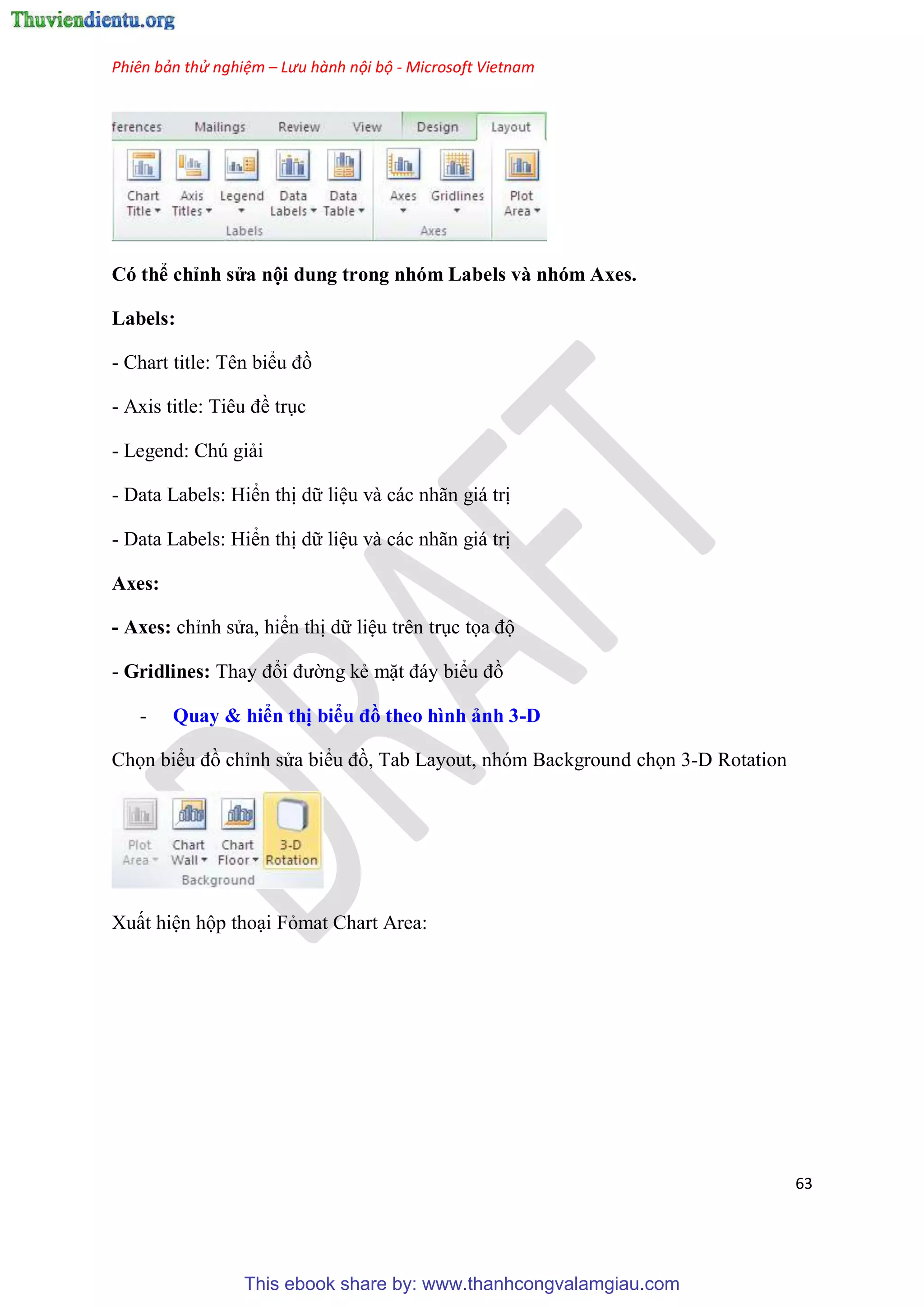 Phiên bản thử nghiệm – Lưu hành nội bộ - Microsoft Vietnam
63
Có thể ch nh s a nội dung trong nhóm Labe s và nhóm Axes.
Labels:
- Chart title: T n biểu đồ
- Axis title: Ti u đề tr c
- Legend: Ch giải
- Data Labels: Hiển thị dữ li u và các nhãn giá trị
- Data Labels: Hiển thị dữ li u và các nhãn giá trị
Axes:
- Axes: ch nh s a, hiển thị dữ li u tr n tr c tọa độ
- Gridlines: Thay đổi đường kẻ mặt đáy biểu đồ
- Quay & hiển thị biểu đồ theo hình ảnh 3-D
Chọn biểu đồ ch nh s a biểu đồ, Tab Layout, nh m Background chọn 3-D Rotation
Xuất hi n hộp tho i Fỏmat Chart Area:
This ebook share by: www.thanhcongvalamgiau.com
 