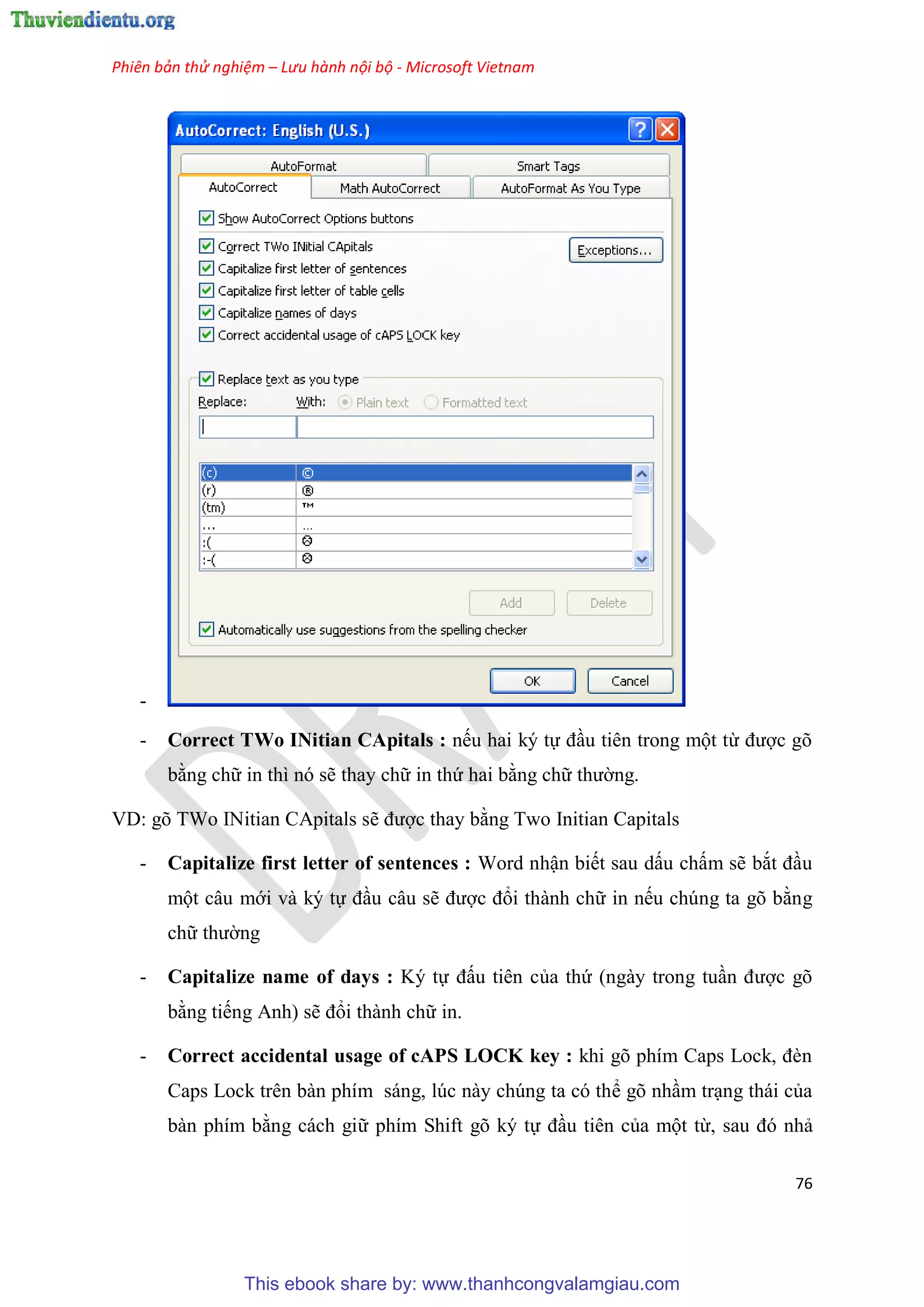 Phiên bản thử nghiệm – Lưu hành nội bộ - Microsoft Vietnam
76
-
- Correct TWo INitian CApitals : nếu hai k tự đ u ti n trong một từ được g
bằng chữ in thì n sẽ thay chữ in thứ hai bằng chữ thường.
VD: gõ TWo INitian CApitals sẽ được thay bằng Two Initian Capitals
- Capitalize first letter of sentences : Word nhận biết sau dấu chấm sẽ bắt đ u
một câu mới và ký tự đ u câu sẽ được đổi thành chữ in nếu chúng ta gõ bằng
chữ thường
- Capitalize name of days : Ký tự đấu tiên của thứ (ngày trong tu n được gõ
bằng tiếng Anh) sẽ đổi thành chữ in.
- Correct accidental usage of cAPS LOCK key : khi g phím Caps Lock, đèn
Caps Lock trên bàn phím sáng, lúc này chúng ta có thể gõ nh m tr ng thái của
bàn phím bằng cách giữ phím Shift gõ ký tự đ u tiên của một từ, sau đ nhả
This ebook share by: www.thanhcongvalamgiau.com
 