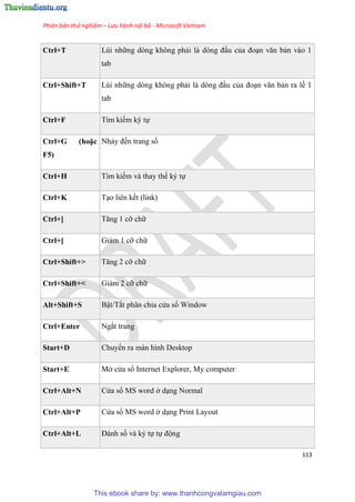 Phiên bản thử nghiệm – Lưu hành nội bộ - Microsoft Vietnam
113
Ctrl+T L i những d ng không phải là d ng đ u của đo n văn bản vào 1
tab
Ctrl+Shift+T L i những d ng không phải là d ng đ u của đo n văn bản ra lề 1
tab
Ctrl+F Tìm kiếm k tự
Ctr +G (hoặc
F5)
Nhảy đến trang số
Ctrl+H Tìm kiếm và thay thế k tự
Ctrl+K T o li n kết (link)
Ctrl+] Tăng 1 cỡ chữ
Ctrl+[ Giảm 1 cỡ chữ
Ctrl+Shift+> Tăng 2 cỡ chữ
Ctrl+Shift+< Giảm 2 cỡ chữ
Alt+Shift+S Bật/Tắt ph n chia c a sổ Window
Ctrl+Enter Ngắt trang
Start+D Chuyển ra màn hình Desktop
Start+E Mở c a sổ Internet Explorer, My computer
Ctrl+Alt+N C a sổ MS word ở d ng Normal
Ctrl+Alt+P C a sổ MS word ở d ng Print Layout
Ctrl+Alt+L Đánh số và k tự tự động
This ebook share by: www.thanhcongvalamgiau.com
 