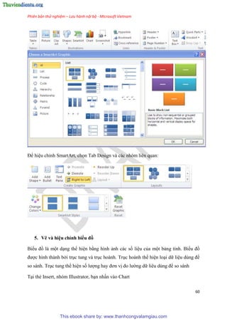 Phiên bản thử nghiệm – Lưu hành nội bộ - Microsoft Vietnam
60
Để hi u ch nh SmartArt, chọn Tab Design và các nh m li n quan:
5. Vẽ và hi u ch nh biểu đồ
Biểu đồ là một d ng thể hi n bằng hình ảnh các số li u của một bảng tính. Biểu đồ
được hình thành bởi tr c tung và tr c hoành. Tr c hoành thể hi n lo i dữ li u d ng để
so sánh. Tr c tung thể hi n số lượng hay đơn vị đo lường dữ li u d ng để so sánh
T i thẻ Insert, nhóm Illustrator, b n nhấn vào Chart
This ebook share by: www.thanhcongvalamgiau.com
 