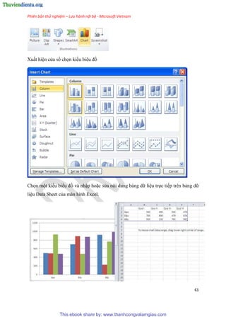 Phiên bản thử nghiệm – Lưu hành nội bộ - Microsoft Vietnam
61
Xuất hi n c a sổ chọn kiểu bi u đồ
Chọn một kiểu biểu đồ và nhập hoặc s a nội dung bảng dữ li u trực tiếp trên bảng dữ
li u Data Sheet của màn hình Excel.
This ebook share by: www.thanhcongvalamgiau.com
 