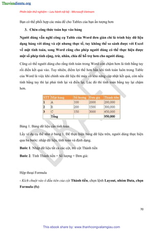 Phiên bản thử nghiệm – Lưu hành nội bộ - Microsoft Vietnam
70
B n có thể phối hợp các màu để cho Tables của b n ấn tượng hơn
3. Chèn công thức toán học vào bảng
Người dùng vẫn nghĩ công cụ Tab e của Word đơn giản ch à trình bày dữ i u
d ng bảng với dòng và cột nhưng thực tế, tuy không thể so sánh được với Exce
về mặt tính toán, song Word cũng cho phép người dùng có thể thực hi n được
một số phép tính cộng, trừ, nhân, chia để hỗ trợ hơn cho người dùng.
C ng c thể người d ng cho rằng tính toán trong Word c n chậm hơn là tính bằng tay
rồi điền kết quả vào. Tuy nhi n, điểm lợi thế hơn hẳn khi tính toán luôn trong Table
của Word là vi c khi ch nh s a dữ li u thì máy c khả năng cập nhật kết quả, c n nếu
tính bằng tay thì l i phải tính l i và điền l i. L c đ thì tính toán bằng tay l i chậm
hơn.
Bảng 1. Bảng dữ li u c n tính toán
Lấy ví d c thể như ở bảng 1. Để thực hi n bảng dữ li u tr n, người d ng thực hi n
qua ba bước: nhập dữ li u, tính toán và định d ng.
Bước 1. Nhập dữ li u tất cả các cột, trừ cột Thành tiền
Bước 2. Tính Thành tiền = Số lượng + Đơn giá:
Hộp tho i Formula
- Kích chuột vào ô đầu tiên của cột Thành tiền, chọn l nh Layout, nhóm Data, chọn
Formula (fx)
This ebook share by: www.thanhcongvalamgiau.com
 