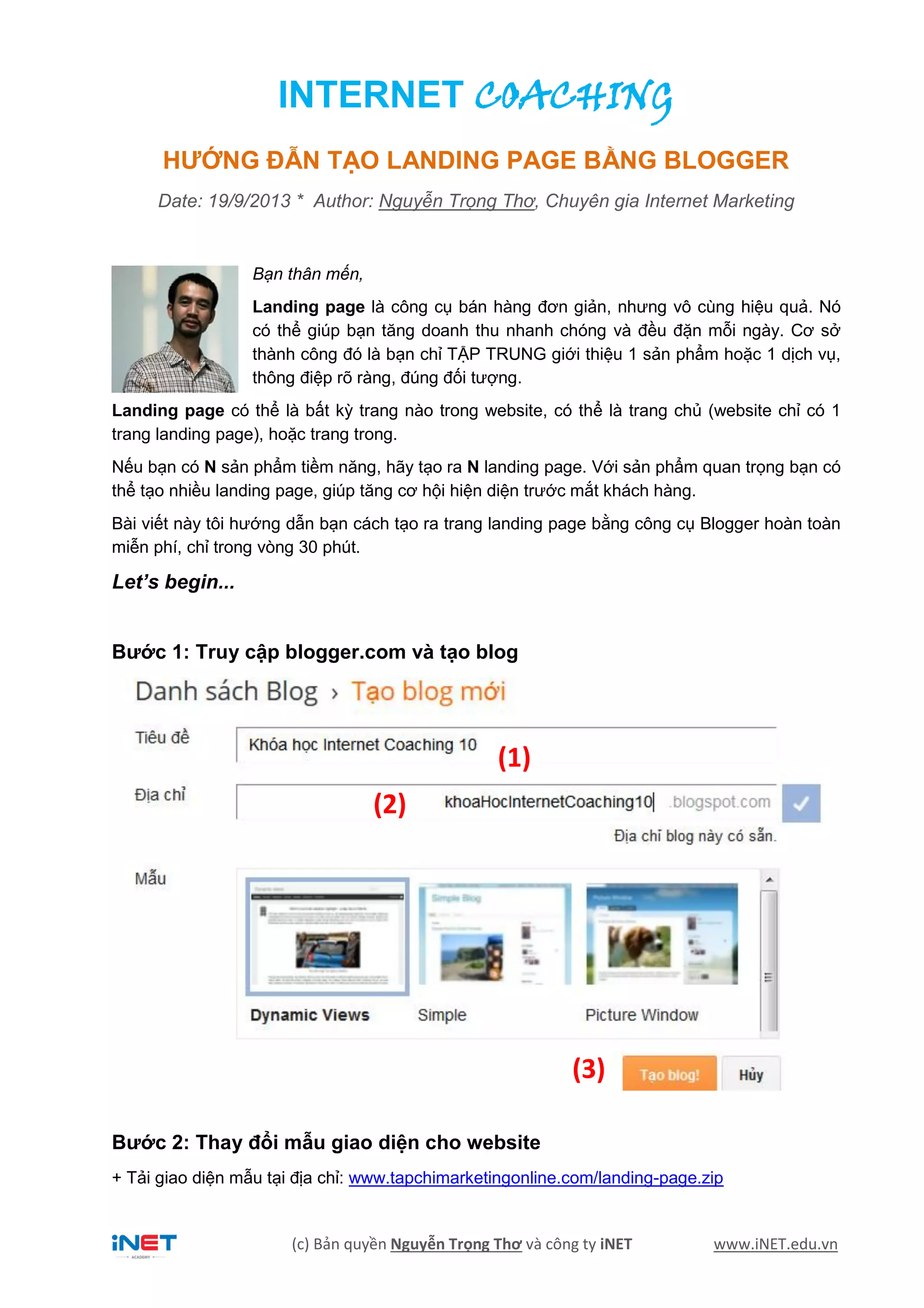 Hướng dẫn tạo Landing Page bằng Blogger | PDF