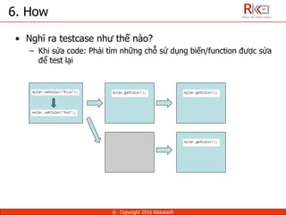 • Nghĩ ra testcase như thế nào?
– Khi sửa code: Phải tìm những chỗ sử dụng biến/function được sửa
để test lại
6. How
© Copyright 2016 Rikkeisoft
 
