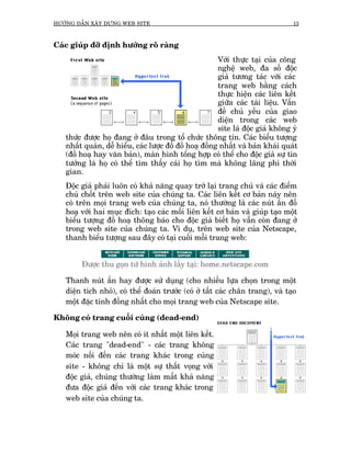 HÛÚÁNG DÊÎN XÊY DÛÅNG WEB SITE                                                   13



Caác giuáp àúä àõnh hûúáng roä raâng
                                                        Vúái thûåc taåi cuãa cöng
                                                        nghïå web, àa söë àöåc
                                                        giaã tûúng taác vúái caác
                                                        trang web bùçng caách
                                                        thûåc hiïån caác liïn kïët
                                                        giûäa caác taâi liïåu. Vêën
                                                        àïì chuã yïëu cuãa giao
                                                        diïån trong caác web
                                                        site laâ àöåc giaã khöng yá
   thûác àûúåc hoå àang úã àêu trong töí chûác thöng tin. Caác biïíu tûúång
   nhêët quaán, dïî hiïíu, caác lûúåc àöì àöì hoaå àöìng nhêët vaâ baãn khaái quaát
   (àöì hoaå hay vùn baãn), maân hònh töíng húåp coá thïí cho àöåc giaã sûå tin
   tûúãng laâ hoå coá thïí tòm thêëy caái hoå tòm maâ khöng laäng phñ thúâi
   gian.
   Àöåc giaã phaãi luön coá khaã nùng quay trúã laåi trang chuã vaâ caác àiïím
   chuã chöët trïn web site cuãa chuáng ta. Caác liïn kïët cú baãn naây nïn
   coá trïn moåi trang web cuãa chuáng ta, noá thûúâng laâ caác nuát êën àöì
   hoaå vúái hai muåc àñch: taåo caác möëi liïn kïët cú baãn vaâ giuáp taåo möåt
   biïíu tûúång àöì hoaå thöng baáo cho àöåc giaã biïët hoå vêîn coân àang úã
   trong web site cuãa chuáng ta. Vñ duå, trïn web site cuãa Netscape,
   thanh biïíu tûúång sau àêy coá taåi cuöëi möîi trang web:


        Àûúåc thu goån tûâ hònh aãnh lêëy taåi: home.netscape.com

   Thanh nuát êën hay àûúåc sûã duång (cho nhiïìu lûåa choån trong möåt
   diïån tñch nhoã), coá thïí àoaán trûúác (coá úã têët caác chên trang), vaâ taåo
   möåt àùåc tñnh àöìng nhêët cho moåi trang web cuãa Netscape site.

Khöng coá trang cuöëi cuâng (dead-end)

   Moåi trang web nïn coá ñt nhêët möåt liïn kïët.
   Caác trang "dead-end" - caác trang khöng
   moác nöëi àïën caác trang khaác trong cuâng
   site - khöng chó laâ möåt sûå thêët voång vúái
   àöåc giaã, chuáng thûúâng laâm mêët khaã nùng
   àûa àöåc giaã àïën vúái caác trang khaác trong
   web site cuãa chuáng ta.
 