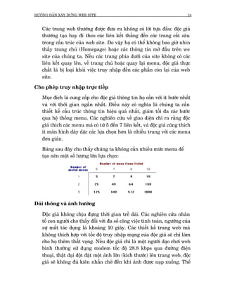 HÛÚÁNG DÊÎN XÊY DÛÅNG WEB SITE                                                 14



   Caác trang web thûúâng àûúåc àûa ra khöng coá lúâi tûåa àêìu: àöåc giaã
   thûúâng taåo hay ài theo caác liïn kïët thùèng àïën caác trang cêët sêu
   trong cêëu truác cuãa web site. Do vêåy hoå coá thïí khöng bao giúâ nhòn
   thêëy trang chuã (Homepage) hoùåc caác thöng tin múã àêìu trïn we
   site cuãa chuáng ta. Nïëu caác trang phña dûúái cuãa site khöng coá caác
   liïn kïët quay lïn, vïì trang chuã hoùåc quay laåi menu, àöåc giaã thûåc
   chêët laâ bõ loaåi khoãi viïåc truy nhêåp àïën caác phêìn coân laåi cuãa web
   site.

Cho pheáp truy nhêåp trûåc tiïëp

   Muåc àñch laâ cung cêëp cho àöåc giaã thöng tin hoå cêìn vúái ñt bûúác nhêët
   vaâ vúái thúâi gian ngùæn nhêët. Àiïìu naây coá nghôa laâ chuáng ta cêìn
   thiïët kïë cêëu truác thöng tin hiïåu quaã nhêët, giaãm töëi àa caác bûúác
   qua hïå thöëng menu. Caác nghiïn cûáu vïì giao diïån chó ra rùçng àöåc
   giaã thñch caác menu maâ coá tûâ 5 àïën 7 liïn kïët, vaâ àöåc giaã cuäng thñch
   ñt maân hònh daây dùåc caác lûåa choån hún laâ nhiïìu trang vúái caác menu
   àún giaãn.

   Baãng sau àêy cho thêëy chuáng ta khöng cêìn nhiïìu mûác menu àïí
   taåo nïn möåt söë lûúång lúán lûåa choån:




Daãi thöng vaâ aãnh hûúãng

   Àöåc giaã khöng chõu àûång thúâi gian trïî daâi. Caác nghiïn cûáu nhên
   töë con ngûúâi cho thêëy àöëi vúái àa söë cöng viïåc tñnh toaán, ngûúäng cuãa
   sûå mêët taác duång laâ khoaãng 10 giêy. Caác thiïët kïë trang web maâ
   khöng thñch húåp vúái töëc àöå truy nhêåp maång cuãa àöåc giaã seä chó laâm
   cho hoå thïm thêët voång. Nïëu àöåc giaã chó laâ möåt ngûúâi daåo chúi web
   bònh thûúâng sûã duång modem töëc àöå 28.8 kbps qua àûúâng àiïån
   thoaåi, thêåt daåi döåt àùåt möåt aãnh lúán (kñch thûúác) lïn trang web, àöåc
   giaã seä khöng àuã kiïn nhêîn chúâ àïën khi aãnh àûúåc naåp xuöëng. Thïë
 