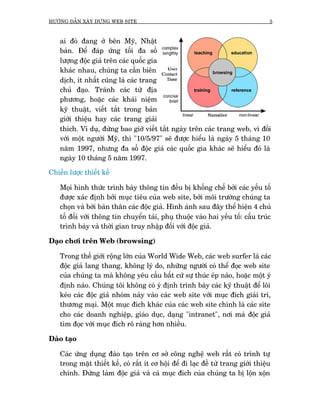 HÛÚÁNG DÊÎN XÊY DÛÅNG WEB SITE                                                      5



    ai àoá àang úã bïn Myä, Nhêåt
    baãn. Àïí àaáp ûáng töëi àa söë
    lûúång àöåc giaã trïn caác quöëc gia
    khaác nhau, chuáng ta cêìn biïn
    dõch, ñt nhêët cuäng laâ caác trang
    chuã àaåo. Traánh caác tûâ àõa
    phûúng, hoùåc caác khaái niïåm
    kyä thuêåt, viïët tùæt trong baãn
    giúái thiïåu hay caác trang giaãi
    thñch. Vñ duå, àûâng bao giúâ viïët tùæt ngaây trïn caác trang web, vò àöëi
    vúái möåt ngûúâi Myä, thò "10/5/97" seä àûúåc hiïíu laâ ngaây 5 thaáng 10
    nùm 1997, nhûng àa söë àöåc giaã caác quöëc gia khaác seä hiïíu àoá laâ
    ngaây 10 thaáng 5 nùm 1997.

Chiïën lûúåc thiïët kïë

    Moåi hònh thûác trònh baây thöng tin àïìu bõ khöëng chïë búãi caác yïëu töë
    àûúåc xaác àõnh búãi muåc tiïu cuãa web site, búãi möi trûúâng chuáng ta
    choån vaâ búãi baãn thên caác àöåc giaã. Hònh aãnh sau àêy thïí hiïån 4 chuã
    töë àöëi vúái thöng tin chuyïín taãi, phuå thuöåc vaâo hai yïëu töë: cêëu truác
    trònh baây vaâ thúâi gian truy nhêåp àöëi vúái àöåc giaã.

Daåo chúi trïn Web (browsing)

    Trong thïë giúái röång lúán cuãa World Wide Web, caác web surfer laâ caác
    àöåc giaã lang thang, khöng lyá do, nhûäng ngûúâi coá thïí àoåc web site
    cuãa chuáng ta maâ khöng yïu cêìu bêët cûá sûå thuác eáp naâo, hoùåc möåt yá
    àõnh naâo. Chuáng töi khöng coá yá àõnh trònh baây caác kyä thuêåt àïí löi
    keáo caác àöåc giaã nhoám naây vaâo caác web site vúái muåc àñch giaãi trñ,
    thûúng maåi. Möåt muåc àñch khaác cuãa caác web site chñnh laâ caác site
    cho caác doanh nghiïåp, giaáo duåc, daång "intranet", núi maâ àöåc giaã
    tòm àoåc vúái muåc àñch roä raâng hún nhiïìu.

Àaâo taåo

    Caác ûáng duång àaâo taåo trïn cú súã cöng nghïå web rêët coá trònh tûå
    trong mùåt thiïët kïë, coá rêët ñt cú höåi àïí ài laåc àïì tûâ trang giúái thiïåu
    chñnh. Àûâng laâm àöåc giaã vaâ caã muåc àñch cuãa chuáng ta bõ löån xöån
 