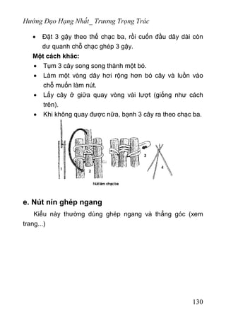 Hướng Đạo Hạng Nhất_ Trương Trọng Trác
• Đặt 3 gậy theo thế chạc ba, rồi cuốn đầu dây dài còn
dư quanh chỗ chạc ghép 3 gậy.
Một cách khác:
• Tụm 3 cây song song thành một bó.
• Làm một vòng dây hơi rộng hơn bó cây và luồn vào
chỗ muốn làm nút.
• Lấy cây ở giữa quay vòng vài lượt (giống như cách
trên).
• Khi không quay được nữa, bạnh 3 cây ra theo chạc ba.
e. Nút nín ghép ngang
Kiểu này thường dùng ghép ngang và thẳng góc (xem
trang...)
130
 