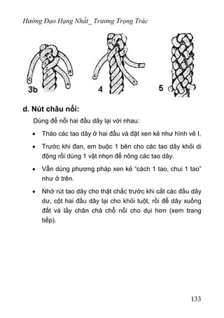 Hướng Đạo Hạng Nhất_ Trương Trọng Trác
d. Nút châu nối:
Dùng để nối hai đầu dây lại với nhau:
• Tháo các tao dây ở hai đầu và đặt xen kẻ như hình vẽ I.
• Trước khi đan, em buộc 1 bên cho các tao dây khỏi di
động rồi dùng 1 vật nhọn để nông các tao dây.
• Vẫn dùng phương pháp xen kẻ “cách 1 tao, chui 1 tao”
như ở trên.
• Nhớ rút tao dây cho thật chắc trước khi cắt các đầu dây
dư, cột hai đầu dây lại cho khỏi tuột, rồi để dây xuống
đất và lấy chân chà chỗ nối cho dụi hơn (xem trang
tiếp).
133
 