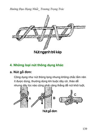 Hướng Đạo Hạng Nhất_ Trương Trọng Trác
4. Những loại nút thông dụng khác
a. Nút gỗ đơn:
Công dụng như nút thòng lọng nhưng không chắc lắm nên
ít được dùng, thường dùng khi buộc dây cờ, tháo dễ
nhưng dây lúc nào cũng phải căng thẳng để nút khỏi tuột,
139
 