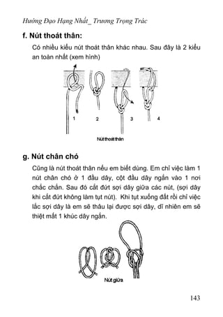 Hướng Đạo Hạng Nhất_ Trương Trọng Trác
f. Nút thoát thân:
Có nhiều kiểu nút thoát thân khác nhau. Sau đây là 2 kiểu
an toàn nhất (xem hình)
g. Nút chân chó
Cũng là nút thoát thân nếu em biết dùng. Em chỉ việc làm 1
nút chân chó ở 1 đầu dây, cột đầu dây ngắn vào 1 nơi
chắc chắn. Sau đó cắt đứt sợi dây giữa các nút, (sợi dây
khi cắt đứt không làm tụt nút). Khi tụt xuống đất rồi chỉ việc
lắc sợi dây là em sẽ thâu lại được sợi dây, dĩ nhiên em sẽ
thiệt mất 1 khúc dây ngắn.
143
 