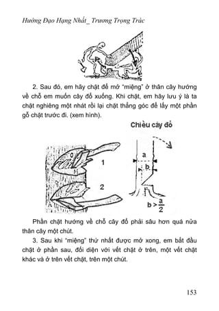 Hướng Đạo Hạng Nhất_ Trương Trọng Trác
2. Sau đó, em hãy chặt để mở “miệng” ở thân cây hướng
về chỗ em muốn cây đổ xuống. Khi chặt, em hãy lưu ý là ta
chặt nghiêng một nhát rồi lại chặt thẳng góc để lấy một phần
gỗ chặt trước đi. (xem hình).
Phần chặt hướng về chỗ cây đổ phải sâu hơn quá nửa
thân cây một chút.
3. Sau khi “miệng” thứ nhất được mở xong, em bắt đầu
chặt ở phần sau, đối diện với vết chặt ở trên, một vết chặt
khác và ở trên vết chặt, trên một chút.
153
 