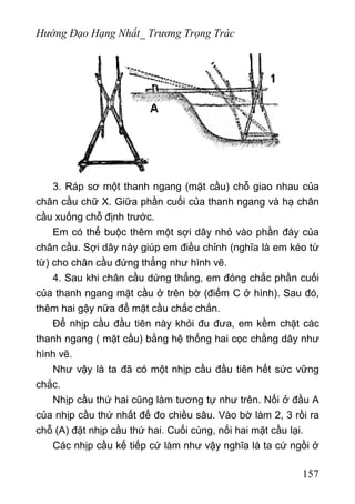 Hướng Đạo Hạng Nhất_ Trương Trọng Trác
3. Ráp sơ một thanh ngang (mặt cầu) chỗ giao nhau của
chân cầu chữ X. Giữa phần cuối của thanh ngang và hạ chân
cầu xuống chỗ định trước.
Em có thể buộc thêm một sợi dây nhỏ vào phần đáy của
chân cầu. Sợi dây này giúp em điều chỉnh (nghĩa là em kéo từ
từ) cho chân cầu đứng thẳng như hình vẽ.
4. Sau khi chân cầu dứng thẳng, em đóng chắc phần cuối
của thanh ngang mặt cầu ở trên bờ (điểm C ở hình). Sau đó,
thêm hai gậy nữa để mặt cầu chắc chắn.
Để nhịp cầu đầu tiên này khỏi đu đưa, em kềm chặt các
thanh ngang ( mặt cầu) bằng hệ thống hai cọc chằng dây như
hình vẽ.
Như vậy là ta đã có một nhịp cầu đầu tiên hết sức vững
chắc.
Nhịp cầu thứ hai cũng làm tương tự như trên. Nối ở đầu A
của nhịp cầu thứ nhất để đo chiều sâu. Vào bờ làm 2, 3 rồi ra
chỗ (A) đặt nhịp cầu thứ hai. Cuối cùng, nối hai mặt cầu lại.
Các nhịp cầu kế tiếp cứ làm như vậy nghĩa là ta cứ ngồi ở
157
 