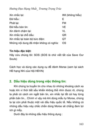 Hướng Đạo Hạng Nhất_ Trương Trọng Trác
Xin nhắc lại: IMI (không hiểu)
Đã hiểu : E
Phát lại: FM
Đã hiểu bàn tin: VE
Xin đánh chậm lại: VL
Xin nhắc lại chỗ dấu: QR
Xin nhắc lại toàn bộ bức điện: QT
Những nội dung đã nhận không có nghĩa: OS
Tín hiệu đặc biệt:
Hãy cứu chúng tôi: SOS (SOS là chữ viết tắt của Save Our
Souls)
Cách học và dùng các dụng cụ để đánh Morse (xem lại sách
HĐ hạng Nhì của Hội HĐVN)
2. Dấu hiệu dùng trong việc thông tin:
Khi chúng ta truyền tin cho nhau từ những khoảng cách xa
hoặc khi vì thời tiết xấu khiến không thề nhìn được rõ, chúng
ta phải có cách xin ngắt bản tin, xin nhắc lại tất cả hay từng
phần bản tin... Chính vì vậy mà khi dùng mẫu tự Morse, chúng
ta lại còn phải thuộc một vài dấu hiệu quốc tế. Nếu không có
những dấu hiệu này chắc chắn dùng Morse sẽ chẳng đem lợi
ích gì mấy.
Dưới đây là những dấu hiệu thông dụng :
163
 