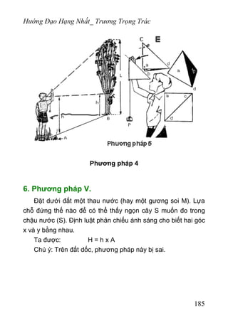 Hướng Đạo Hạng Nhất_ Trương Trọng Trác
Phương pháp 4
6. Phương pháp V.
Đặt dưới đất một thau nước (hay một gương soi M). Lựa
chỗ đứng thế nào để có thể thấy ngọn cây S muốn đo trong
chậu nước (S). Định luật phản chiếu ánh sáng cho biết hai góc
x và y bằng nhau.
Ta được: H = h x A
Chú ý: Trên đất dốc, phương pháp này bị sai.
185
 