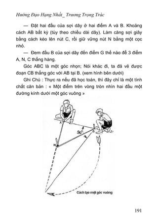 Hướng Đạo Hạng Nhất_ Trương Trọng Trác
— Đặt hai đầu của sợi dây ở hai điểm A và B. Khoảng
cách AB bất kỳ (tùy theo chiều dài dây). Làm căng sợi giây
bằng cách kéo lên nút C, rồi giữ vững nút N bằng một cọc
nhỏ.
— Đem đầu B của sợi dây đến điểm G thế nào để 3 điểm
A, N, C thẳng hàng.
Góc ABC là một góc nhọn; Nói khác đi, ta đã vẽ được
đoạn CB thẳng góc với AB tại B. (xem hình bên dưới)
Ghi Chú : Thực ra nếu đã học toán, thì đây chỉ là một tính
chất căn bản : « Một điểm trên vòng tròn nhìn hai đầu một
đường kính dưới một góc vuông »
191
 
