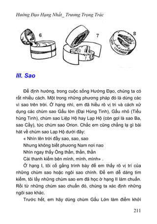 Hướng Đạo Hạng Nhất_ Trương Trọng Trác
III. Sao
Để định hướng, trong cuộc sống Hướng Đạo, chúng ta có
rất nhiều cách. Một trong những phương pháp đó là dùng các
vì sao trên trời. Ở hạng nhì, em đã hiều rõ vị tri và cách xử
dụng các chùm sao Gấu lớn (Đại Hùng Tinh), Gấu nhỏ (Tiểu
hùng Tinh), chùm sao Liệp Hộ hay Lạp Hộ (còn gọl là sao Ba,
sao Cầy), tức chùm sao Orion. Chắc em cũng chẳng lạ gì bài
hát về chùm sao Lạp Hộ dưới đây:
« Nhìn lên trời đầy sao, sao, sao
Nhưng không biết phương Nam nơi nao
Nhìn ngay thấy Ồng thần, thần, thần
Cài thanh kiếm bên mình, mình, mình» .
Ở hạng I, tôi cố gắng trình bày để em thấy rõ vị trí của
những chùm sao hoặc ngôi sao chính. Để em dễ dàng tìm
kiếm, tôi lấy những chùm sao em đã học ờ hạng II làm chuẩn.
Rồi từ những chùm sao chuẩn đó, chúng ta xác định những
ngôi sao khác.
Trước hết, em hãy dùng chùm Gấu Lớn làm điểm khởì
211
 
