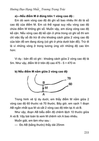 Hướng Đạo Hạng Nhất_ Trương Trọng Trác
a)—Nếu điểm M ở đúng trên 1 vòng cao độ :
Em dò xem vòng cao độ đó ghi số bao nhiêu thì đó là số
cao độ của điểm M. Em có thể ngoại suy nếu vòng cao độ
chứa điểm M không ghi số. Muốn vậy, em dùng vòng cao độ
kế cận. Nếu vòng cao độ kế cận ở phía trong có ghi số thì em
chỉ việc lấy số đó trừ đi cho khoảng cách giữa 2 vòng cao độ
của bản đồ em đang dùng (có ghi ở phía dưới bản đồ). Trừ đi
là vì những vòng ở trong tương ứng với những độ cao lớn
hơn:
Vi dụ : bản đồ có ghi : khoảng cách giữa 2 vòng cao độ là
5m. Như vậy, điểm M ở trên độ cao 475 - 5 = 470 m
b) Nếu điểm M nằm giữa 2 vòng cao độ
Trong hinh vẽ tỷ dụ dưới, em thấy điểm M nằm giữa 2
vòng cao độ 60 thước và 70 thước. Bây giờ, em vạch 1 đoạn
AB ngắn nhất qua M và cắt 2 vòng cao độ trên tại A và B.
Như vậy, đoạn AB biểu diễn độ chênh lệch 10 thước giữa
A và B. Vậy bài toán là xem M chênh với A bao nhiêu.
Muốn giải, em làm như sau :
— Đo AB (bằng thước) thấy dài 25mm
233
 