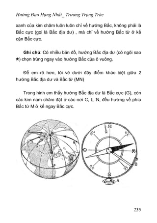 Hướng Đạo Hạng Nhất_ Trương Trọng Trác
xanh của kim châm luôn luôn chỉ về hướng Bắc, không phải là
Bắc cực (gọi là Bắc địa dư) , mà chỉ về hường Bắc từ ở kế
cận Bắc cực.
Ghi chú: Có nhiều bản đồ, hướng Bắc địa dư (có ngôi sao
) chọn trùng ngay vào hướng Bắc của ô vuông.
Để em rõ hơn, tôi vẽ dưới đây điểm khác biệt giữa 2
hướng Bắc địa dư và Bằc từ (MN)
Trong hinh em thấy hướng Bắc địa dư là Bắc cực (G), còn
các kim nam châm đặt ở các nơi C, L, N, đều hướng về phía
Bắc từ M ở kế ngay Bắc cực.
235
 