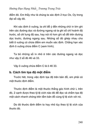 Hướng Đạo Hạng Nhất_ Trương Trọng Trác
điểm đó. Em thấy như là chúng ta xác định 2 trục Ox, Oy trong
đại số vậy đó.
Khi xác định ô vuông, ta chỉ để ý đến những chữ in lớn ghi
trên các đường dọc và đường ngang và ta ghi số chỉ hoành độ
trước, số chỉ tung độ sau, hay nói rõ hơn ghi số đề trên đưòng
dọc trước, đường ngang sau. Những số đó ghép nhau cho
biết ô vuông có chứa điểm em muốn xác định. Chẳng hạn xác
định ô vuông chứa điểm C (xem hình).
Ta bỏ những số ìn nhỏ ờ trên các đường ngang và dọc
như vậy 2 số đó 46 và 33.
Vậy ô vuông chứa điểm C là ô 46 33.
b. Cách tìm tọa độ một điểm
Trước hẽt, trong việc định tọa độ trên bản đồ, em phải có
một thước định điểm.
Thước định điểm là một thước thẳng góc hình chữ L trên
đó, 2 cạnh được theo tỷ-lệ xích nào đó để đọc và chấm tọa độ
một cách nhanh chóng trên tẩm bản đồ cùng tỷ lệ xích với nó.
Do đó thước định điểm to hay nhỏ tùy theo tỷ lệ xích của
thước đó.
240
 