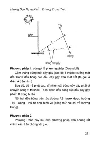 Hướng Đạo Hạng Nhất_ Trương Trọng Trác
Phương pháp I : còn gọi là phưomg pháp (Owendoff)
Cắm thẳng đứng một cây gậy (cao độ 1 thước) xuống mặt
đất. Đánh dấu bóng của đầu cây gậy trên mặt đất (ta gọi là
điểm A trên hình)
Sau đó, độ 15 phút sau, dĩ nhiên cái bóng cây gậy phải di
chuyển sang vị trí khác. Ta lại đánh dấu bóng của đầu cây gậy
(điểm B trong hình).
Nối hai đầu bóng trên tức đường AB, tasex được hướng
Tây - Đông - thứ tự như hình vẽ (bóng thứ hai chỉ về hướng
Đông).
Phương pháp 2:
Phương Pháp này lâu hơn phương pháp trên nhưng rất
chính xác. Lâu chừng vài gíờ.
251
 