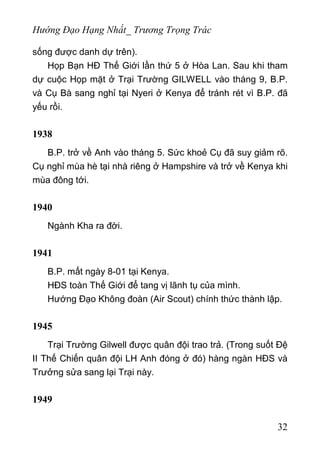 Hướng Đạo Hạng Nhất_ Trương Trọng Trác
sống được danh dự trên).
Họp Bạn HĐ Thế Giới lần thứ 5 ở Hòa Lan. Sau khi tham
dự cuộc Họp mặt ở Trại Trường GILWELL vào tháng 9, B.P.
và Cụ Bà sang nghỉ tại Nyeri ở Kenya để tránh rét vì B.P. đã
yếu rồi.
1938
B.P. trở về Anh vào tháng 5. Sức khoẻ Cụ đã suy giảm rõ.
Cụ nghỉ mùa hè tại nhà riêng ở Hampshire và trở về Kenya khi
mùa đông tới.
1940
Ngành Kha ra đời.
1941
B.P. mất ngày 8-01 tại Kenya.
HĐS toàn Thế Giới để tang vị lãnh tụ của mình.
Hướng Đạo Không đoàn (Air Scout) chính thức thành lập.
1945
Trại Trường Gilwell được quân đội trao trả. (Trong suốt Đệ
II Thế Chiến quân đội LH Anh đóng ở đó) hàng ngàn HĐS và
Trưởng sửa sang lại Trại này.
1949
32
 